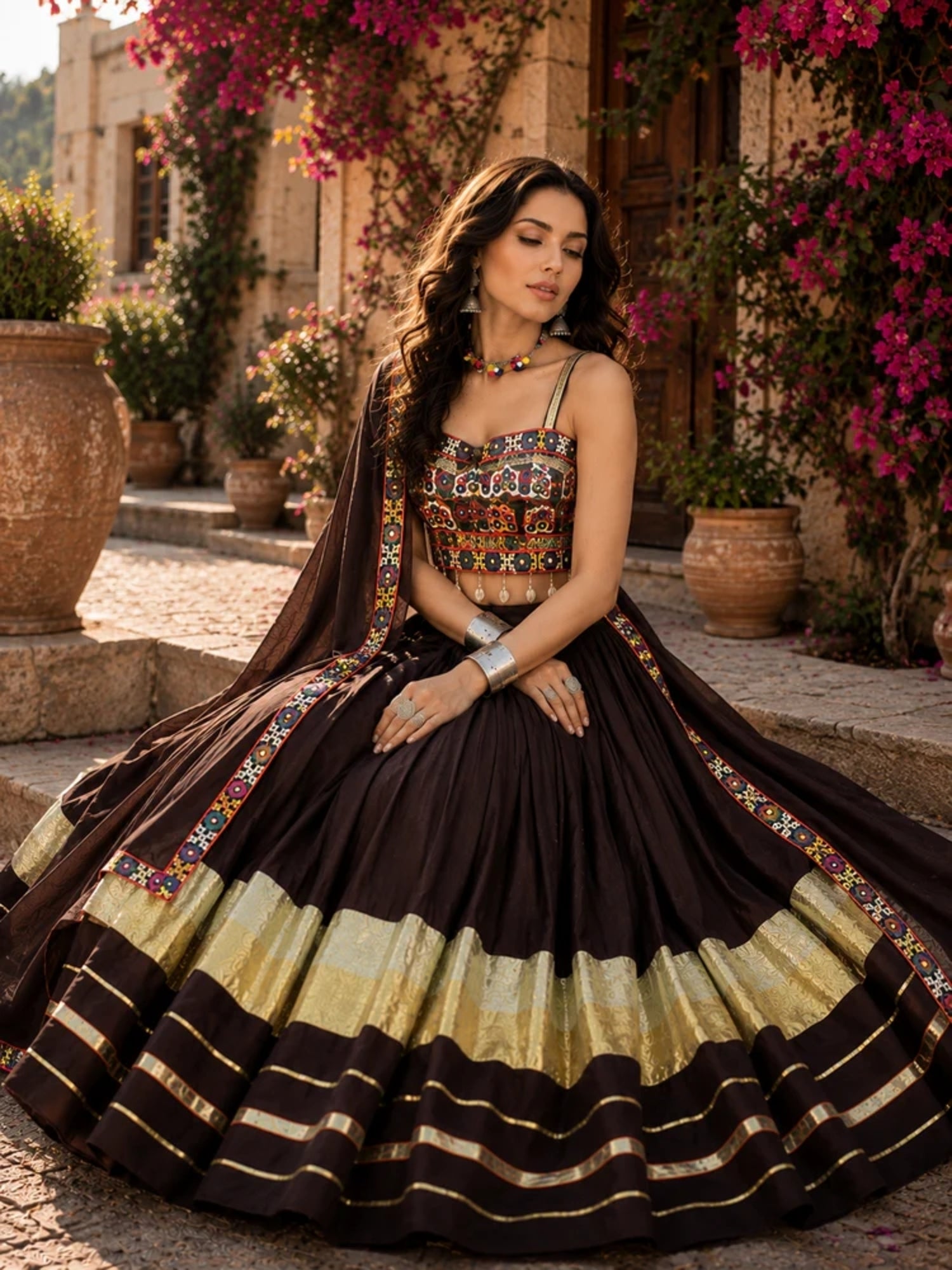 Brown Flared Chaniya Choli with Metallic Zari Borders & Shell Tassels