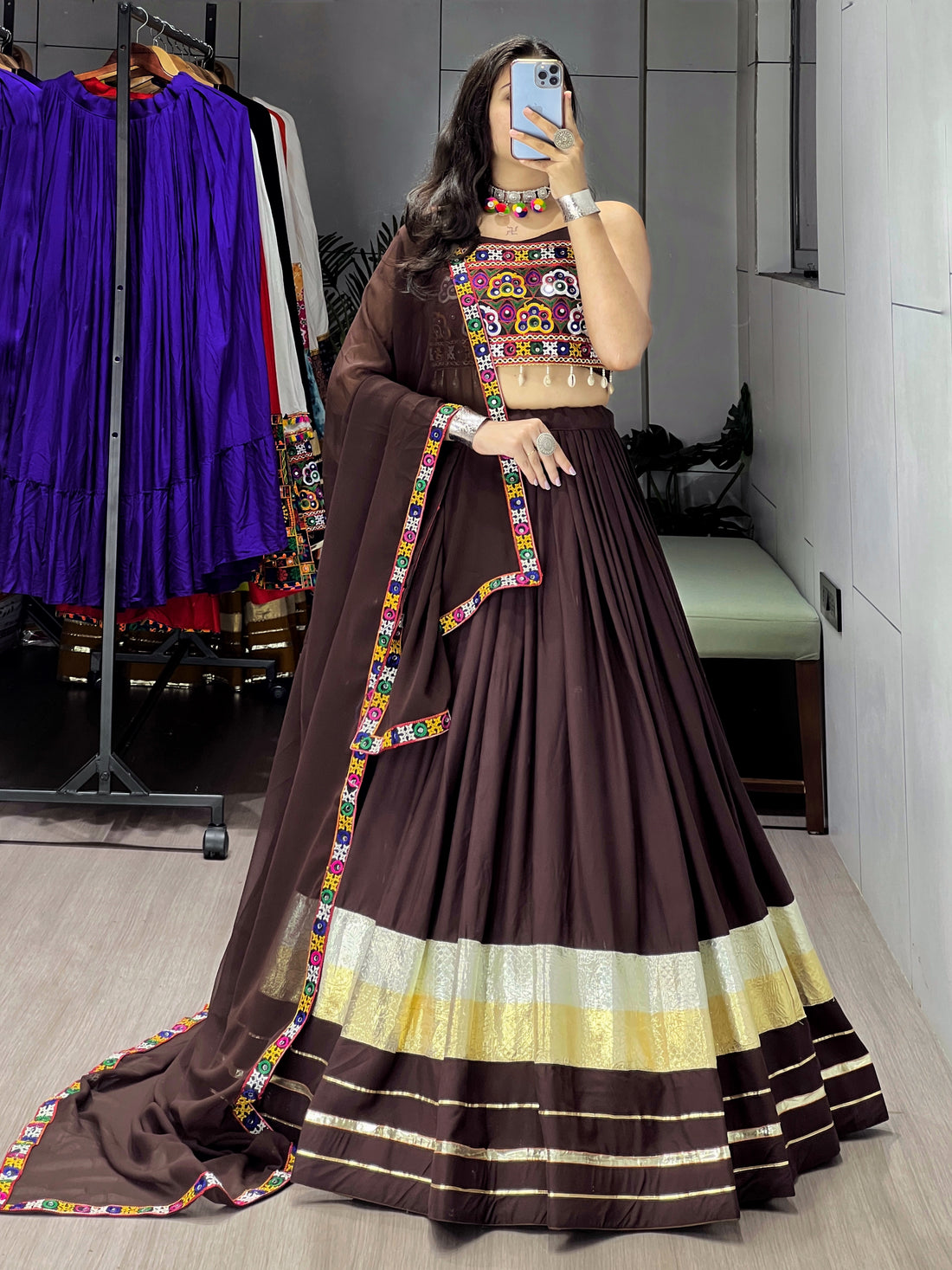 Traditional Heavy Flair Brown Chaniya Choli For Garba