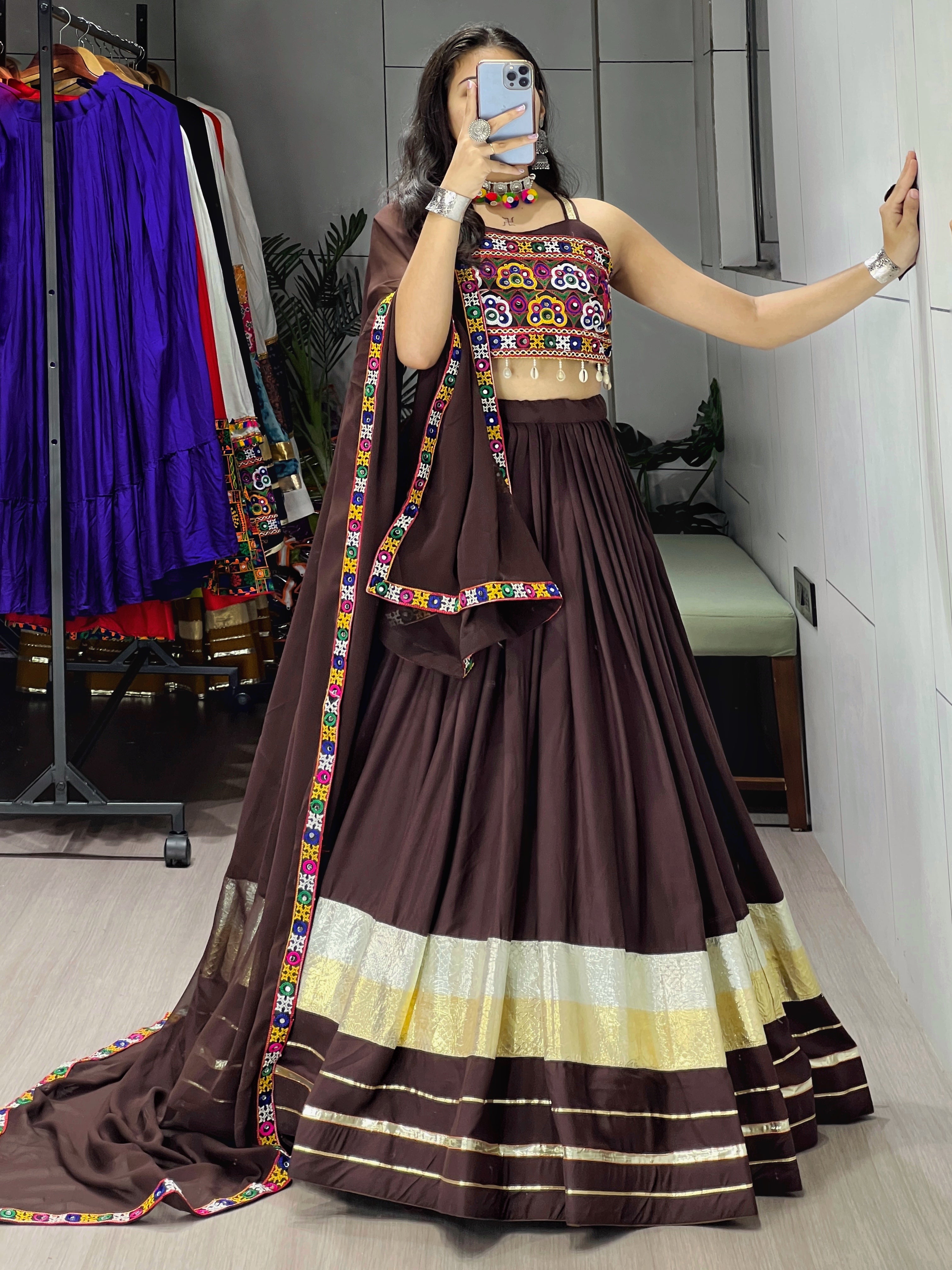 Traditional Heavy Flair Brown Chaniya Choli For Garba
