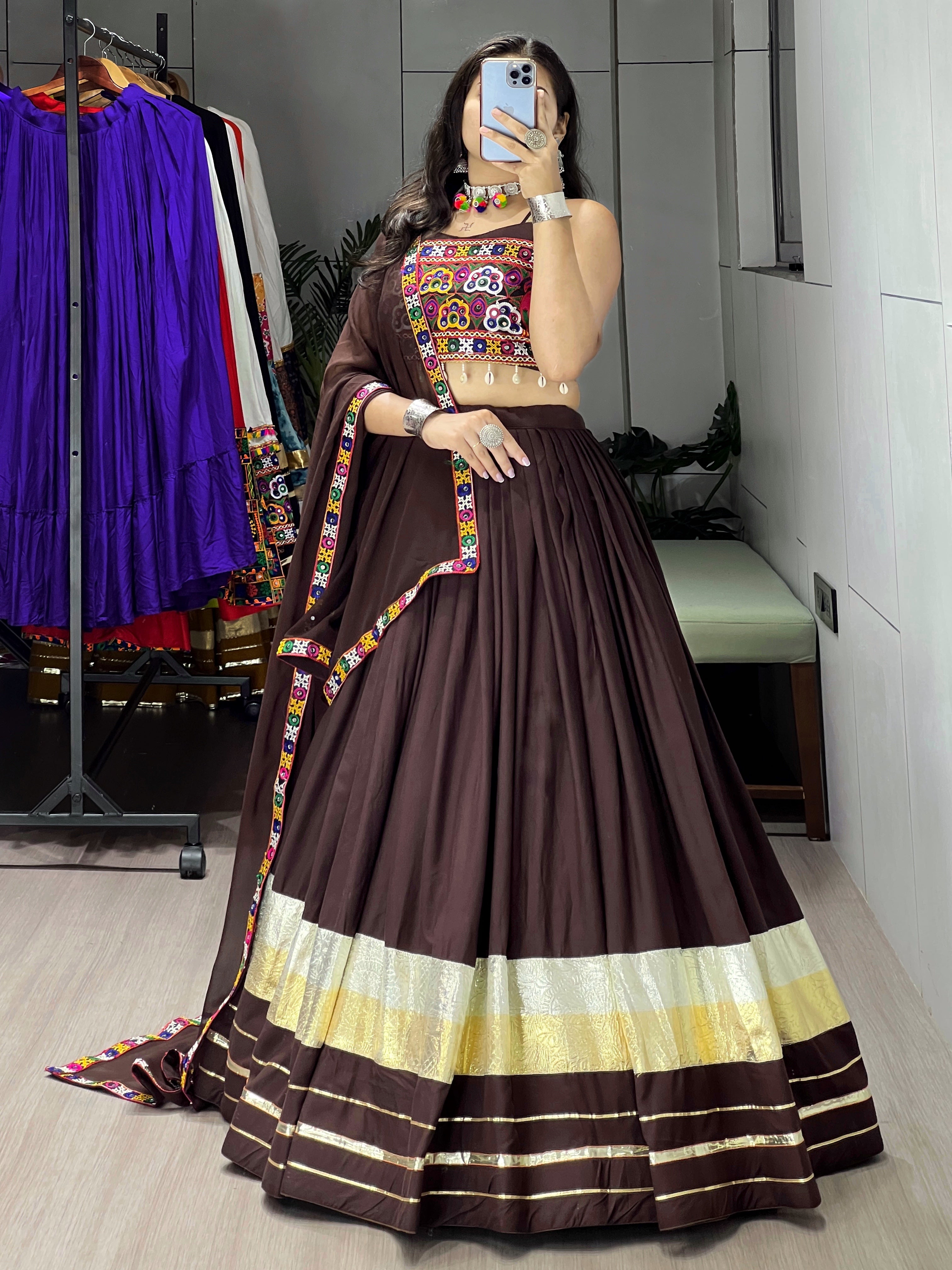 Traditional Heavy Flair Brown Chaniya Choli For Garba