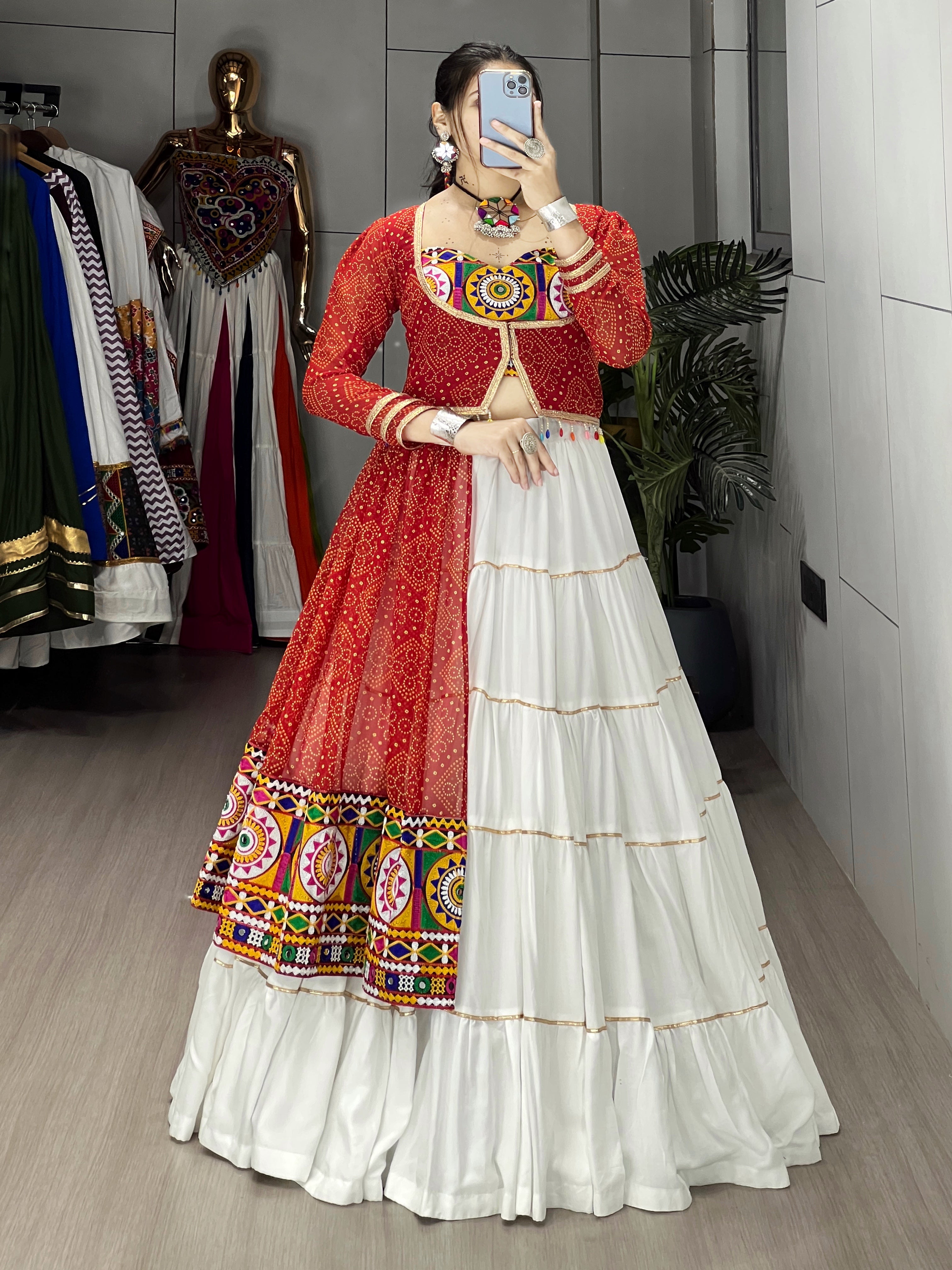 Chaniya Choli Rayon Cotton With Faux Print & Mirror Work