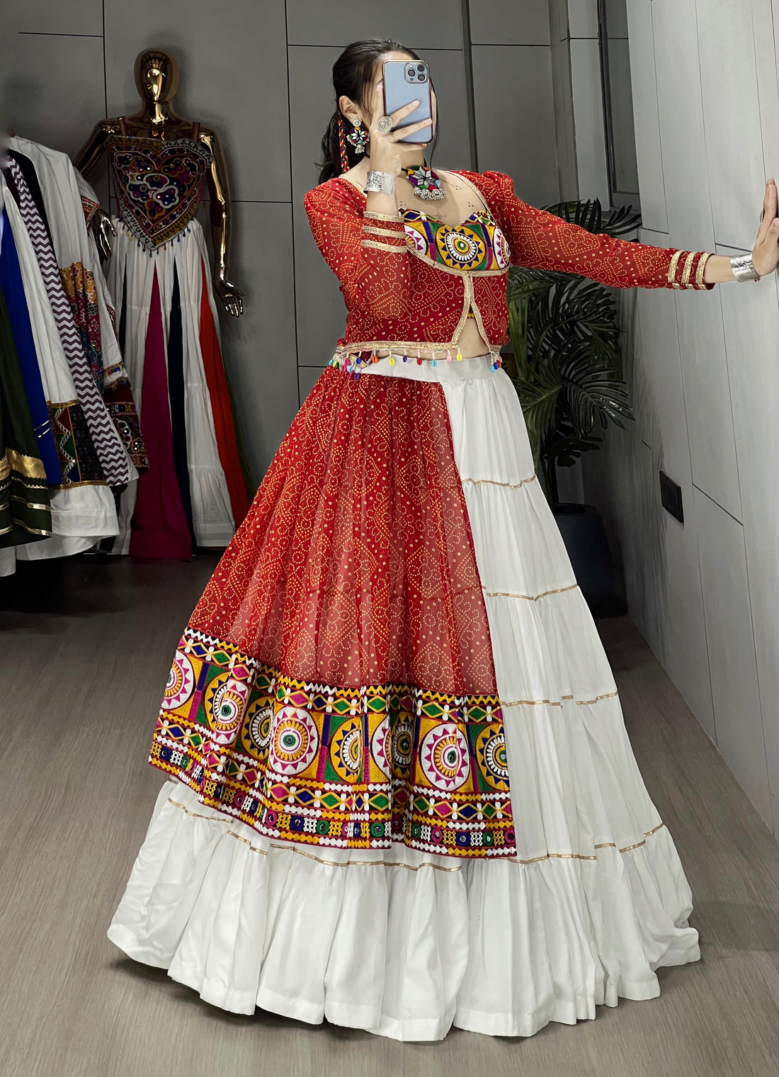 Chaniya Choli Rayon Cotton With Faux Print & Mirror Work