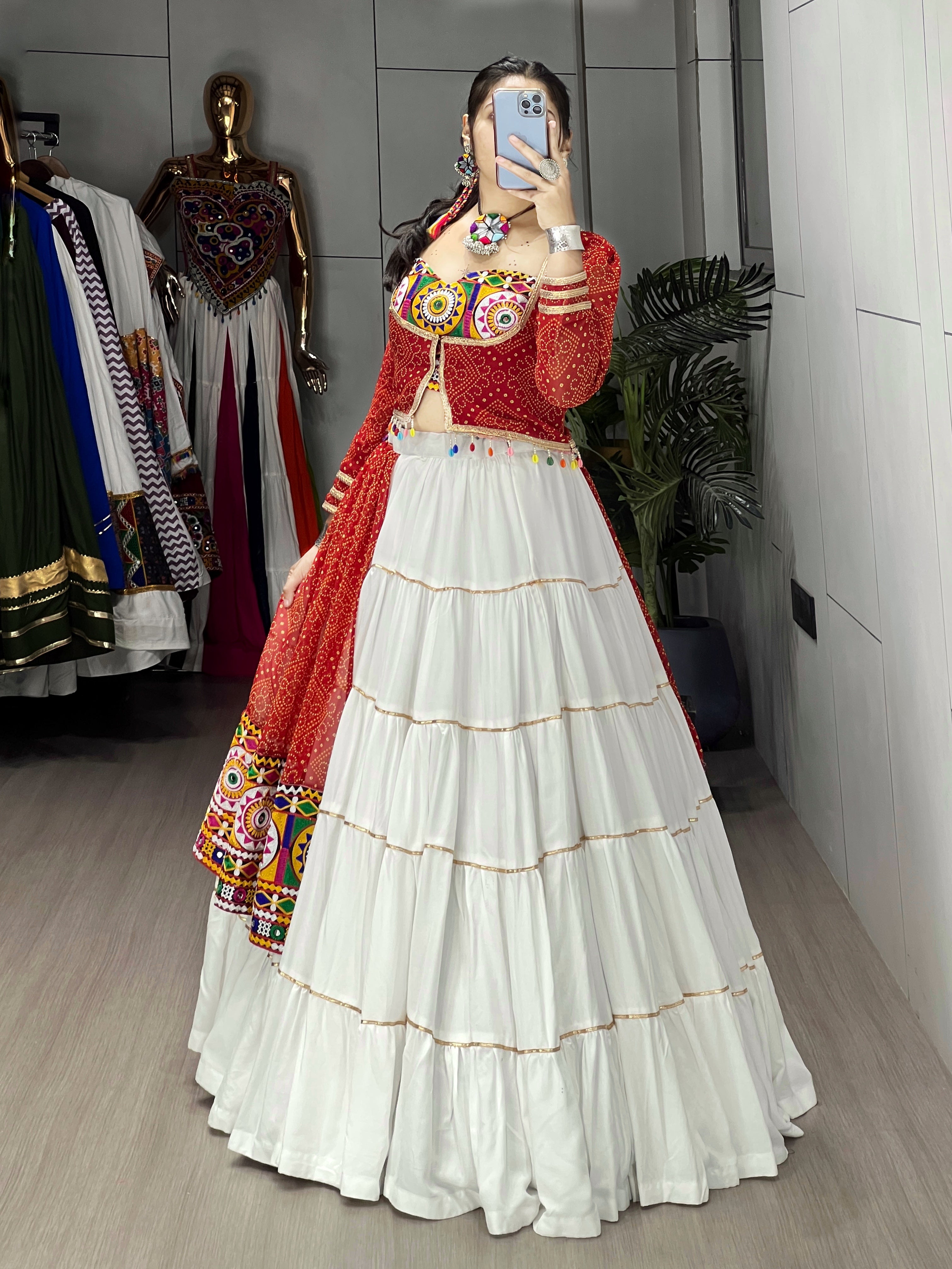 Chaniya Choli Rayon Cotton With Faux Print & Mirror Work