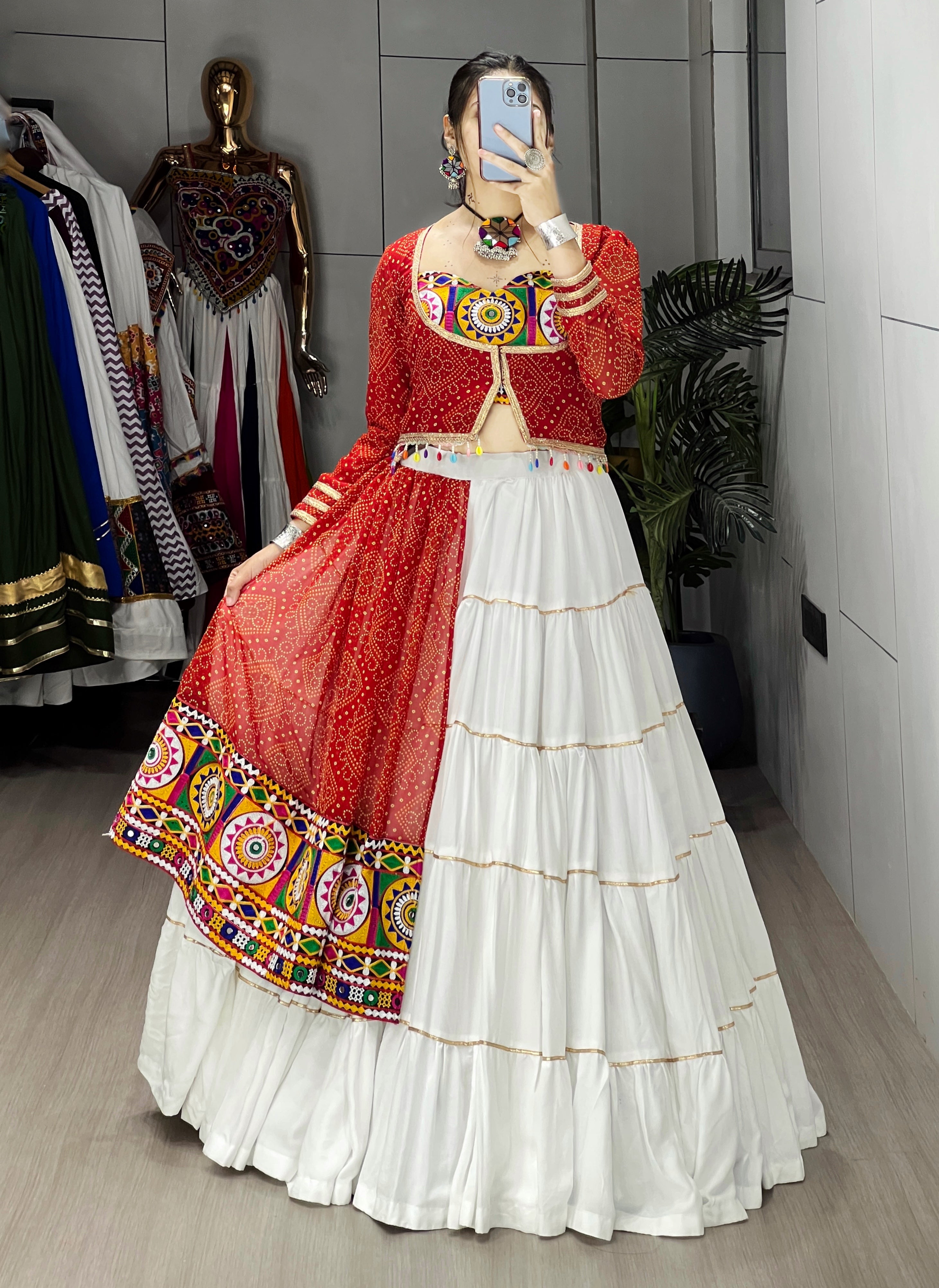 Chaniya Choli Rayon Cotton With Faux Print & Mirror Work