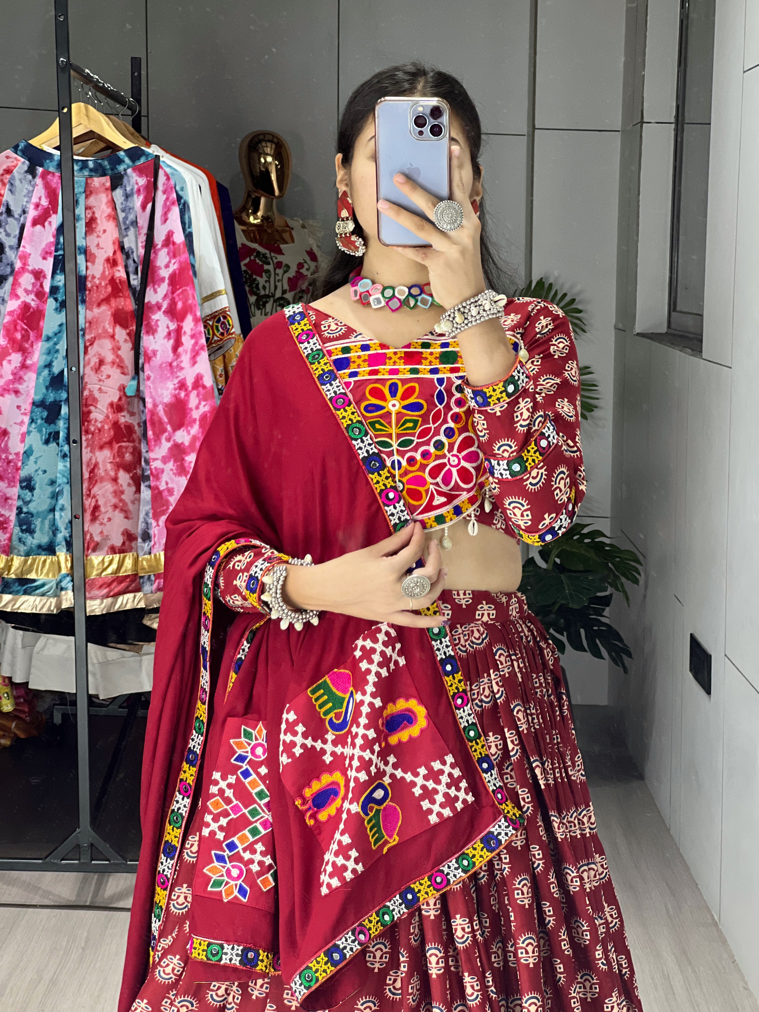 Beautiful Ajrakh and Gota Patti & Ghamthi Mixed Lehenga Choli