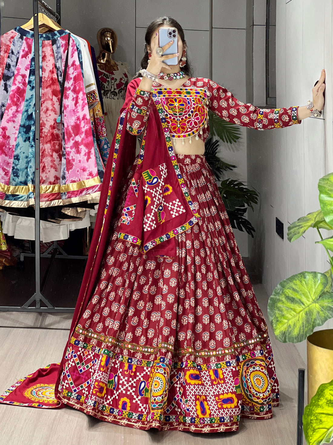 Beautiful Ajrakh and Gota Patti & Ghamthi Mixed Lehenga Choli