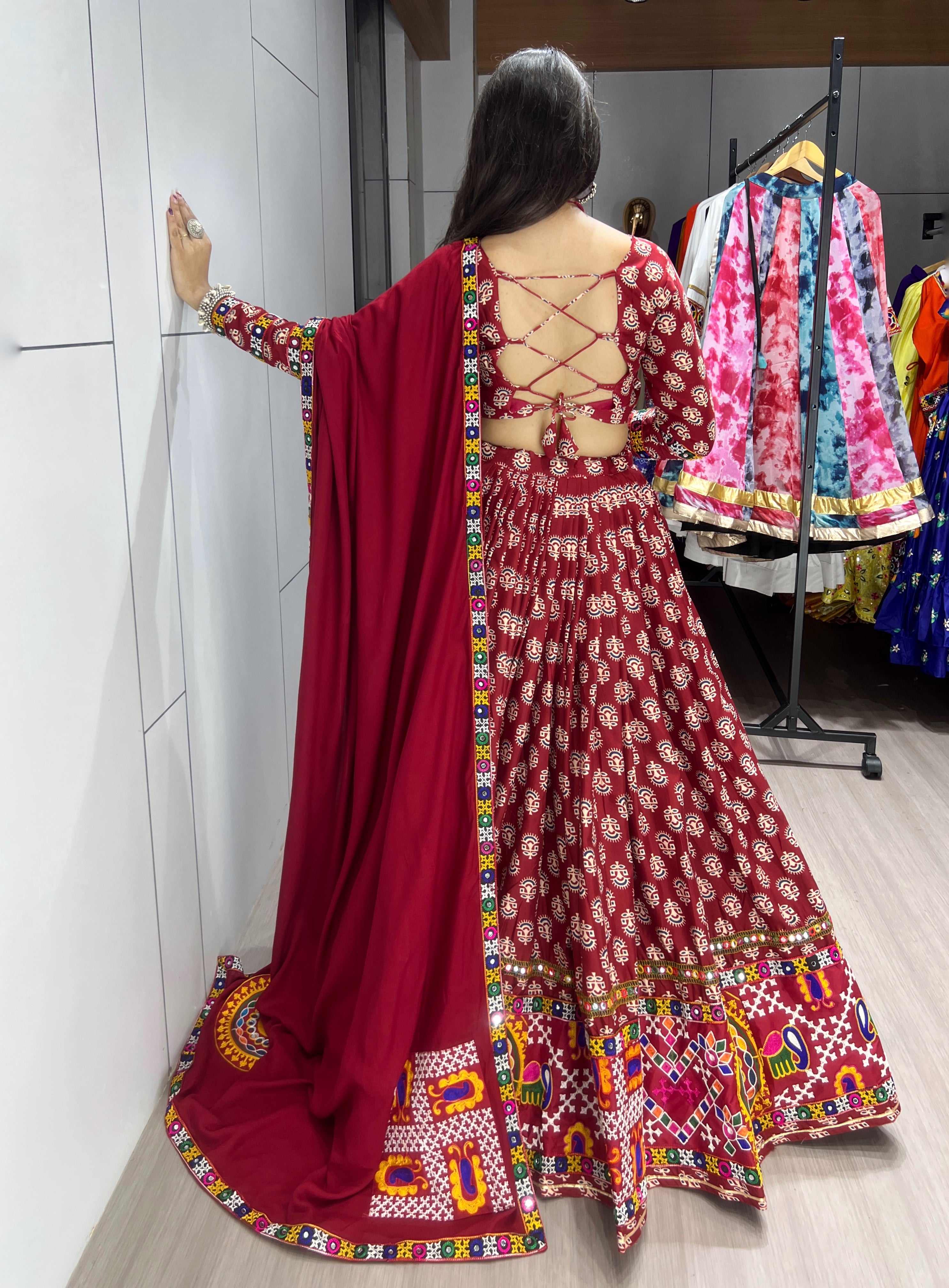 Beautiful Ajrakh and Gota Patti & Ghamthi Mixed Lehenga Choli