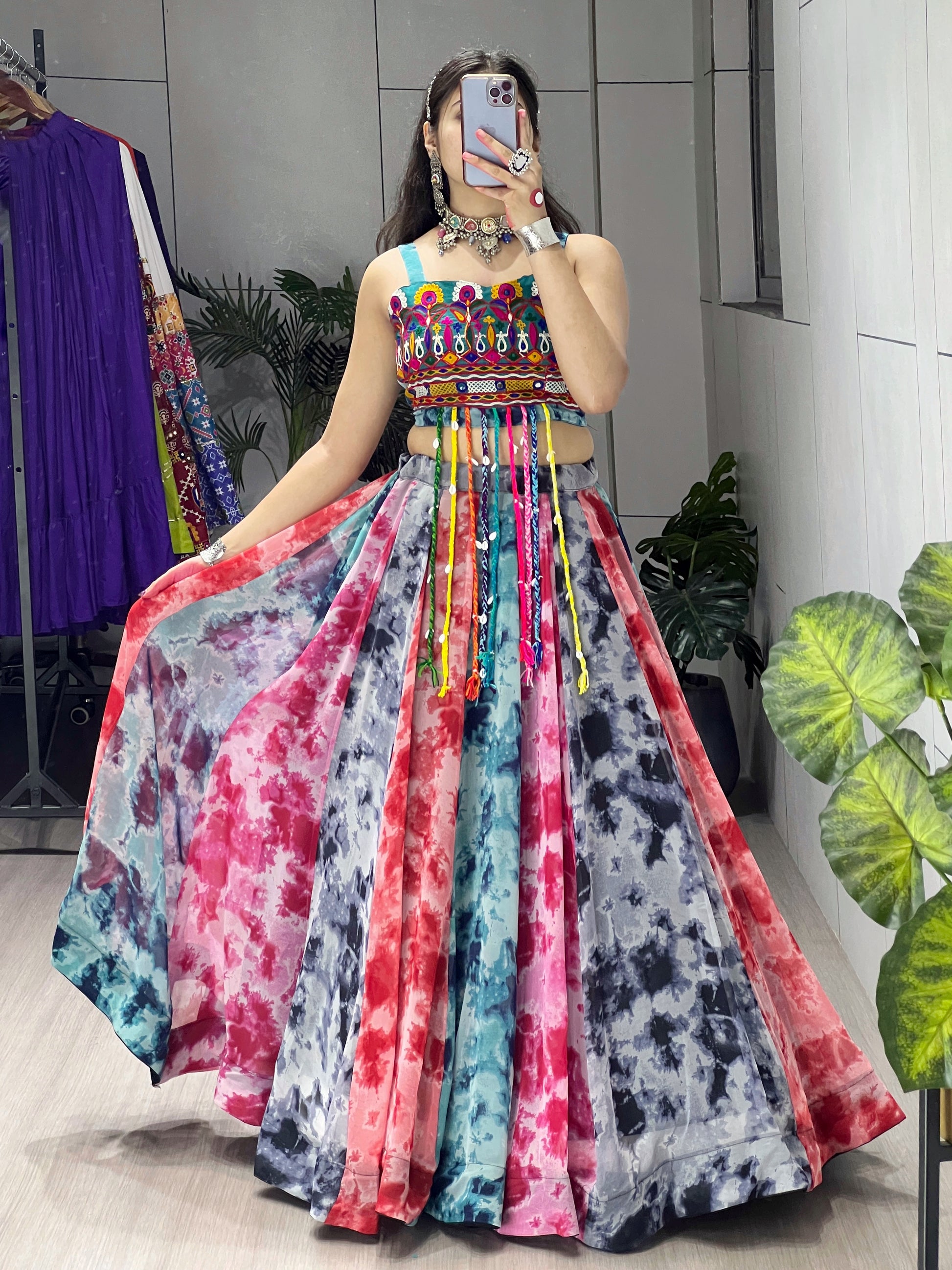 Garba Dress Shibori Prints Lehenga With Fancy Top