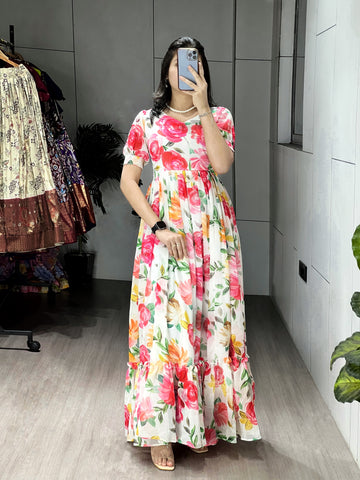 Ivory & Rose Pink Floral Print Anarkali Maxi Kurti Gown