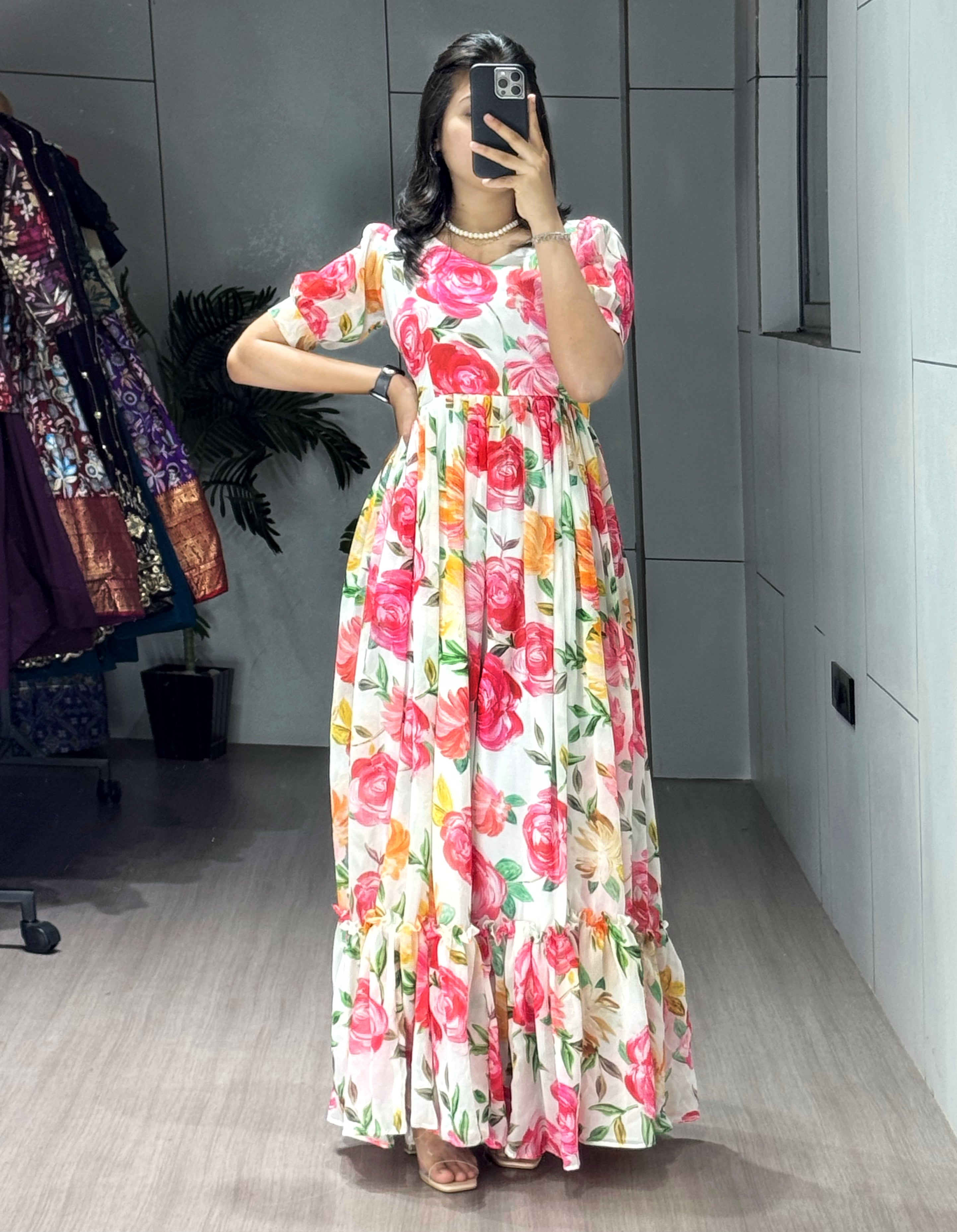Ivory & Rose Pink Floral Print Anarkali Maxi Kurti Gown