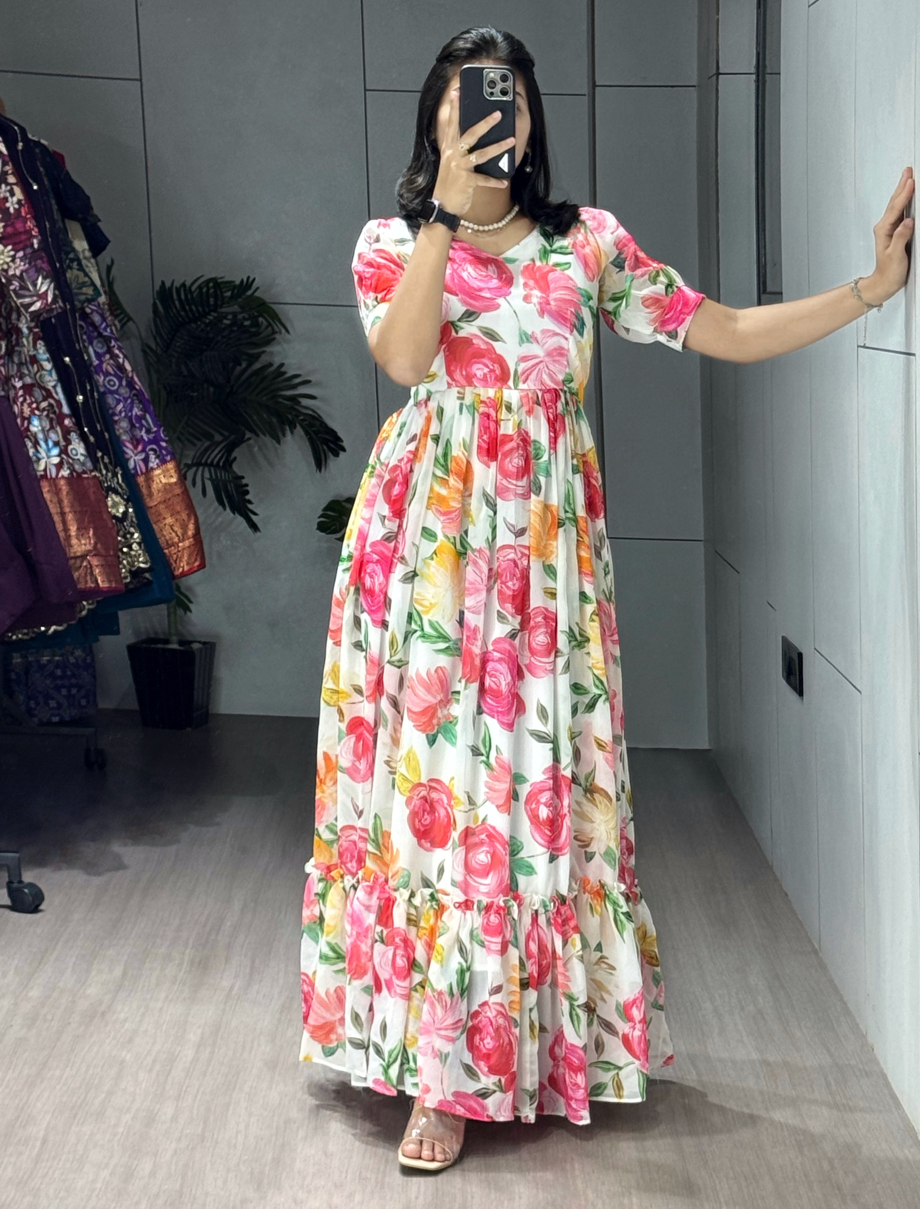 Ivory & Rose Pink Floral Print Anarkali Maxi Kurti Gown