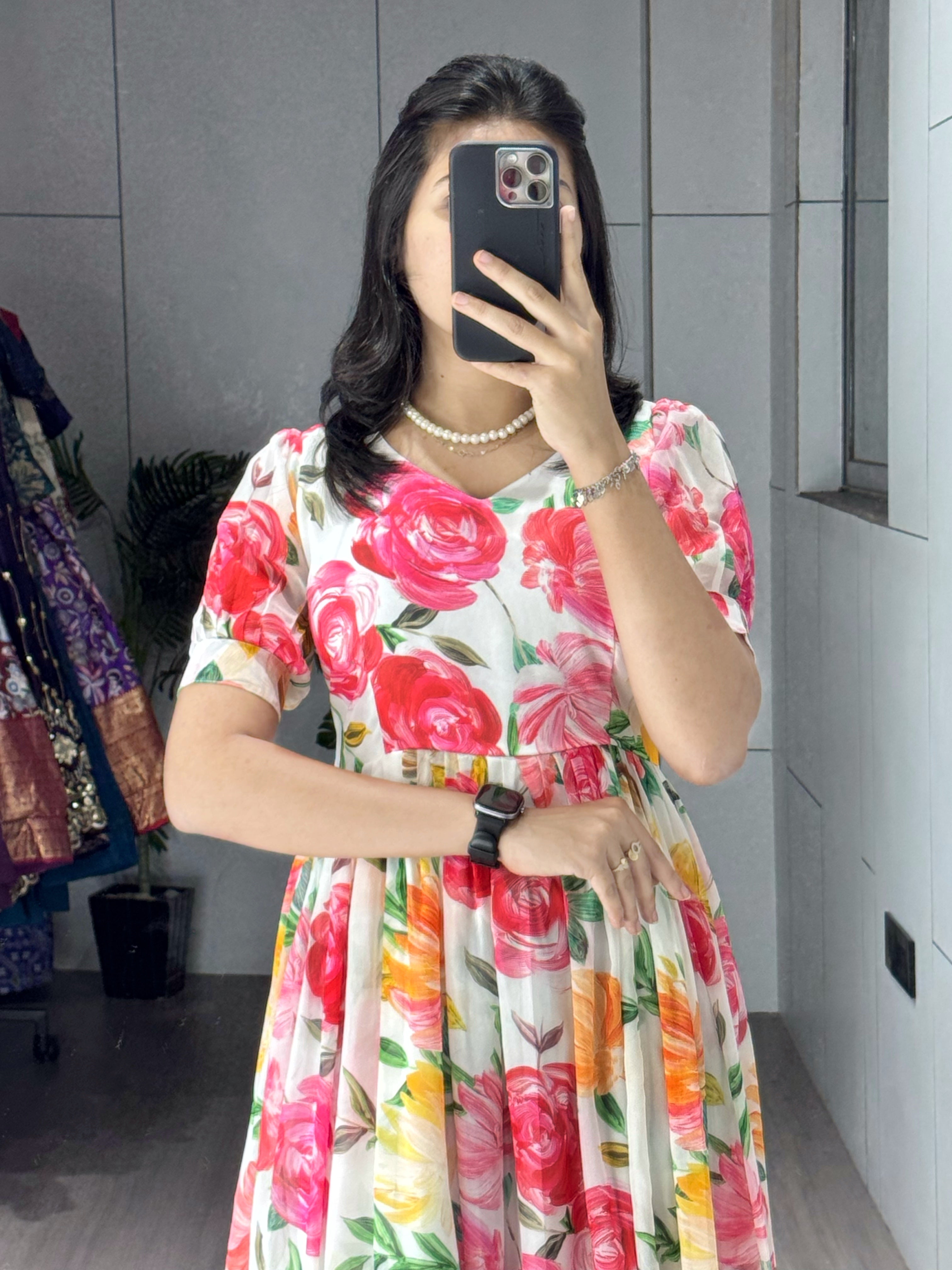 Ivory & Rose Pink Floral Print Anarkali Maxi Kurti Gown