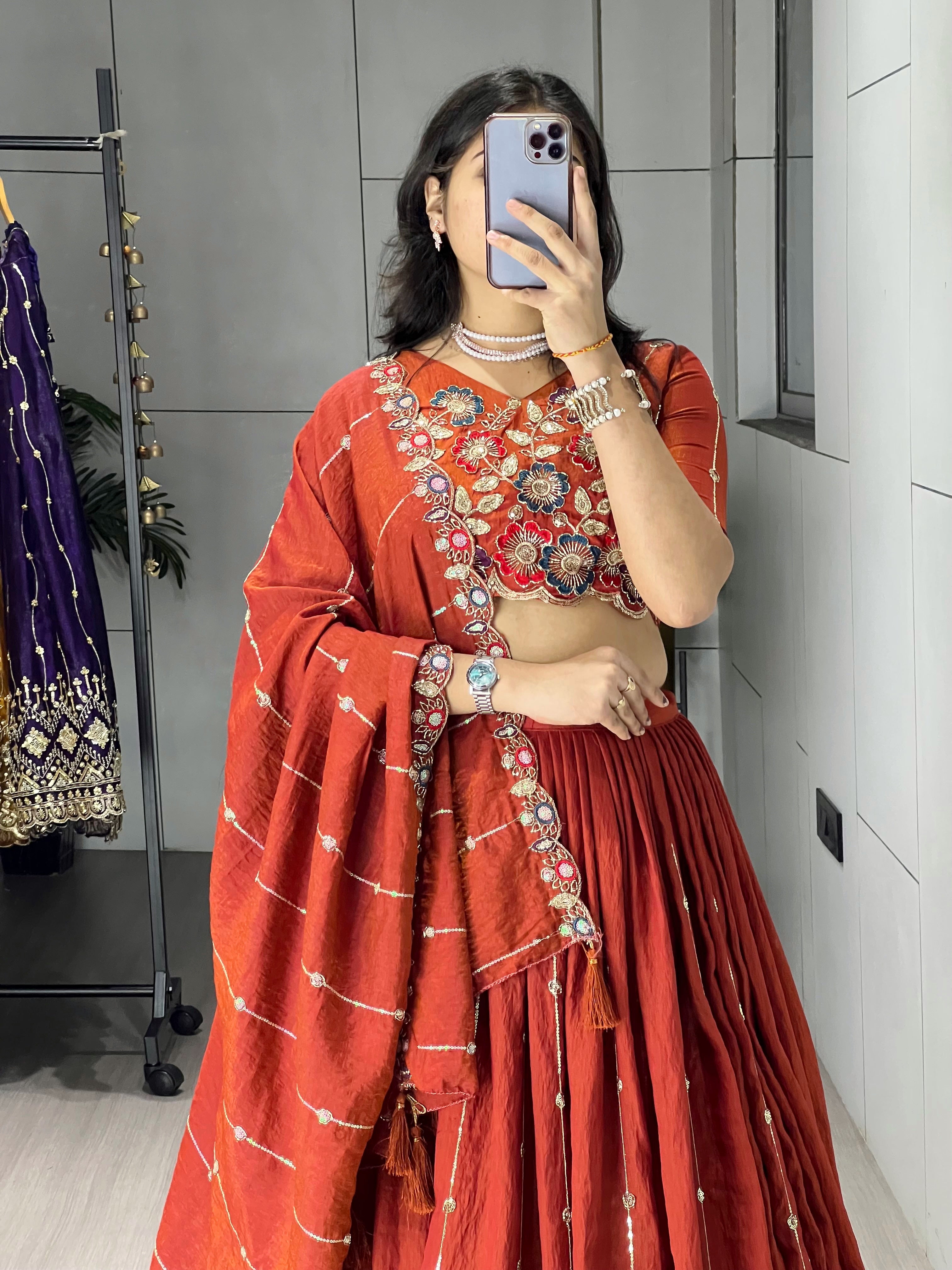 Rust Orange Embroidery Pipe Bead With Traditional Work Lehenga