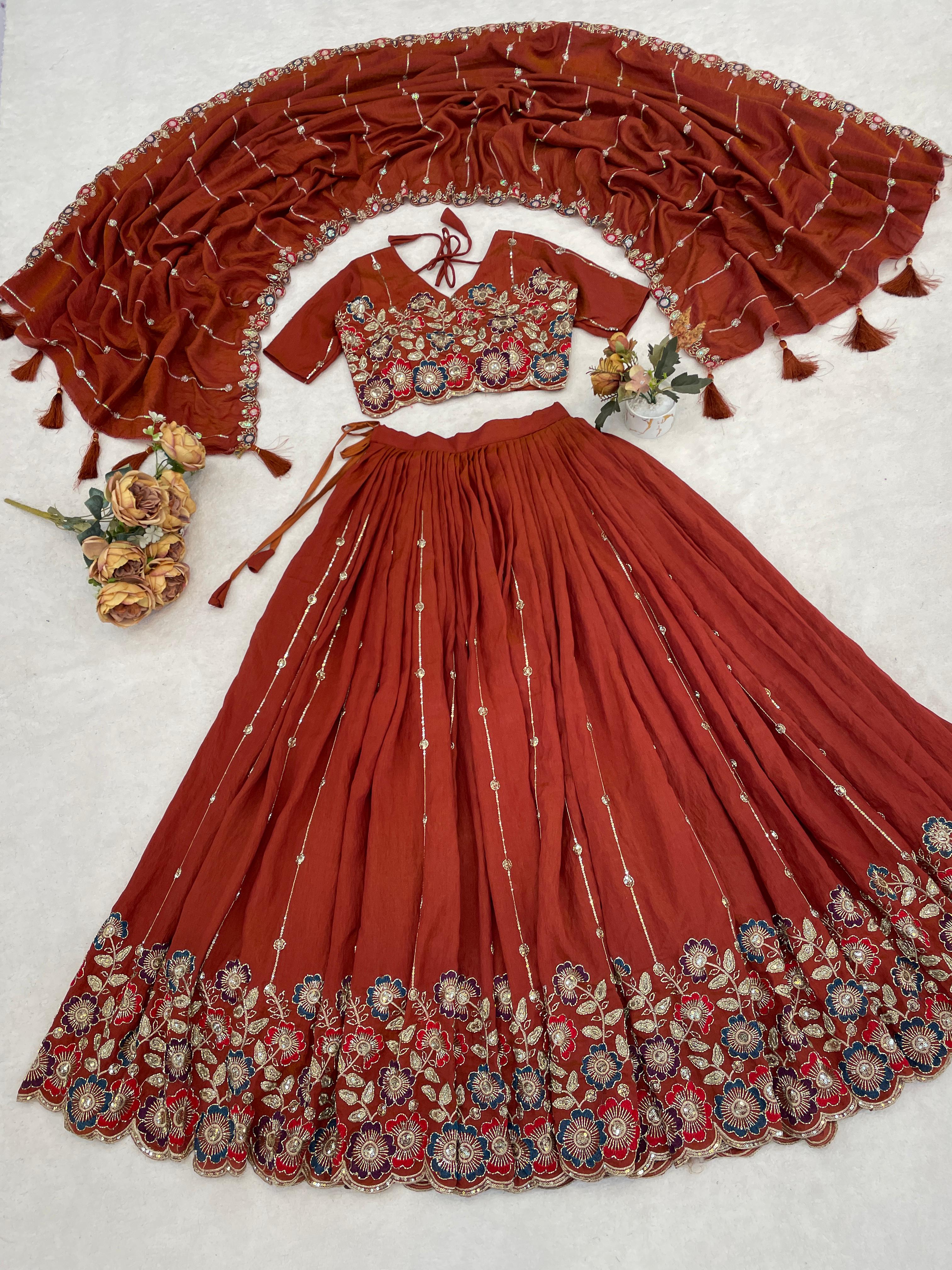 Rust Orange Embroidery Pipe Bead With Traditional Work Lehenga
