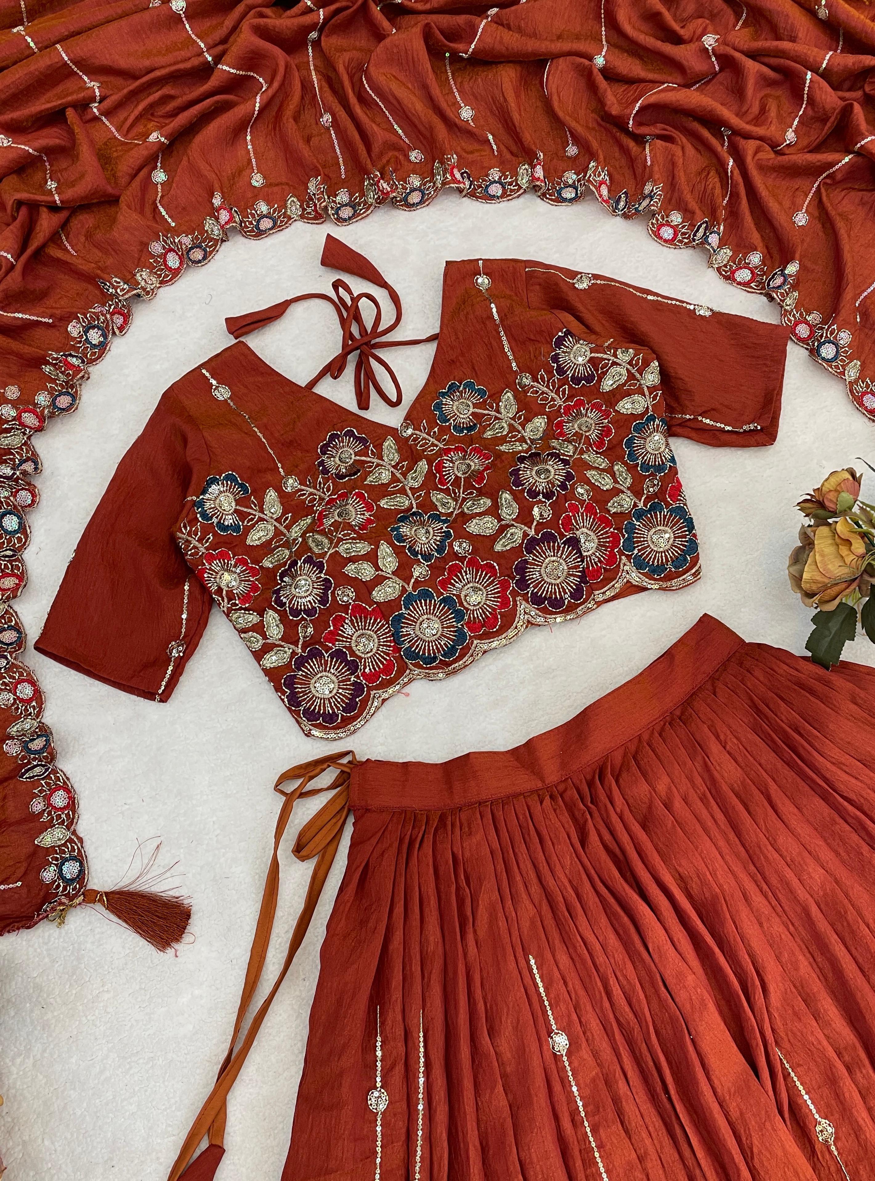 Rust Orange Embroidery Pipe Bead With Traditional Work Lehenga