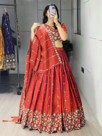 Rust Orange Embroidery Pipe Bead With Traditional Work Lehenga