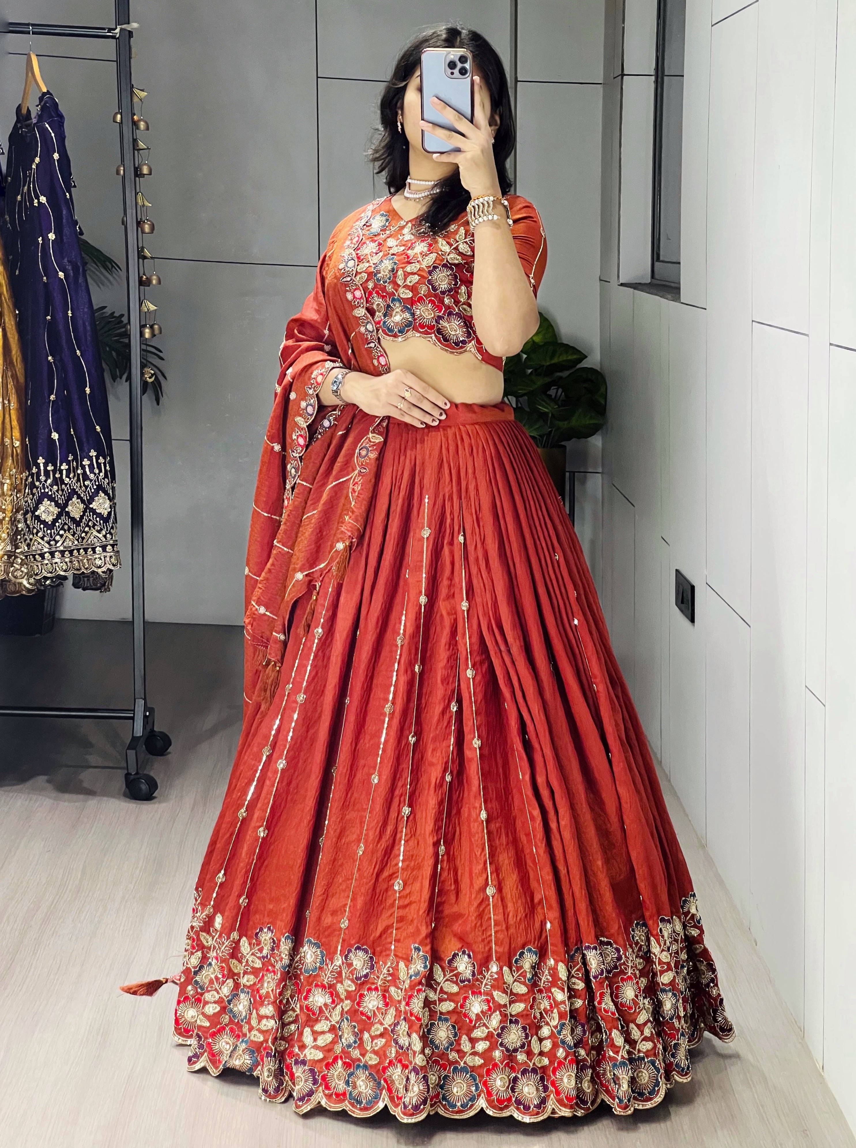 Rust Orange Embroidery Pipe Bead With Traditional Work Lehenga