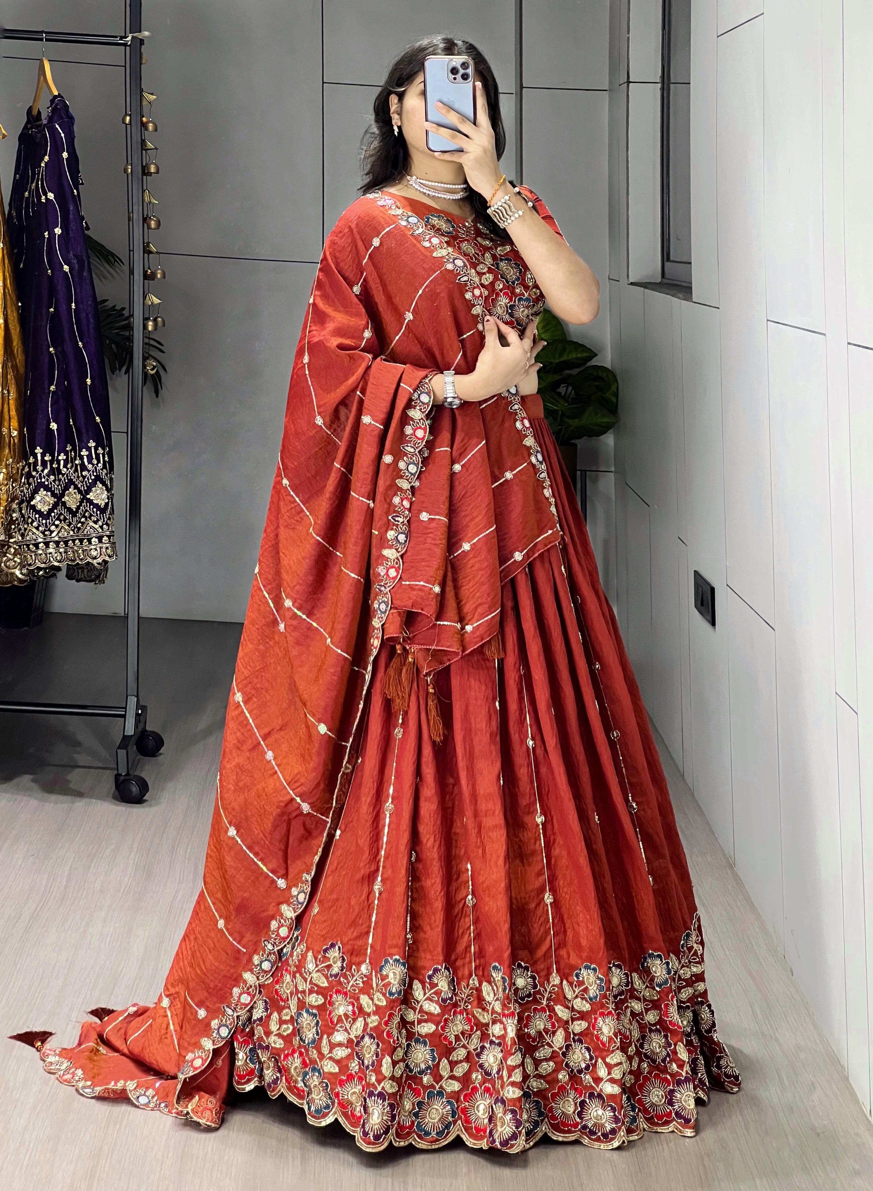 Rust Orange Embroidery Pipe Bead With Traditional Work Lehenga