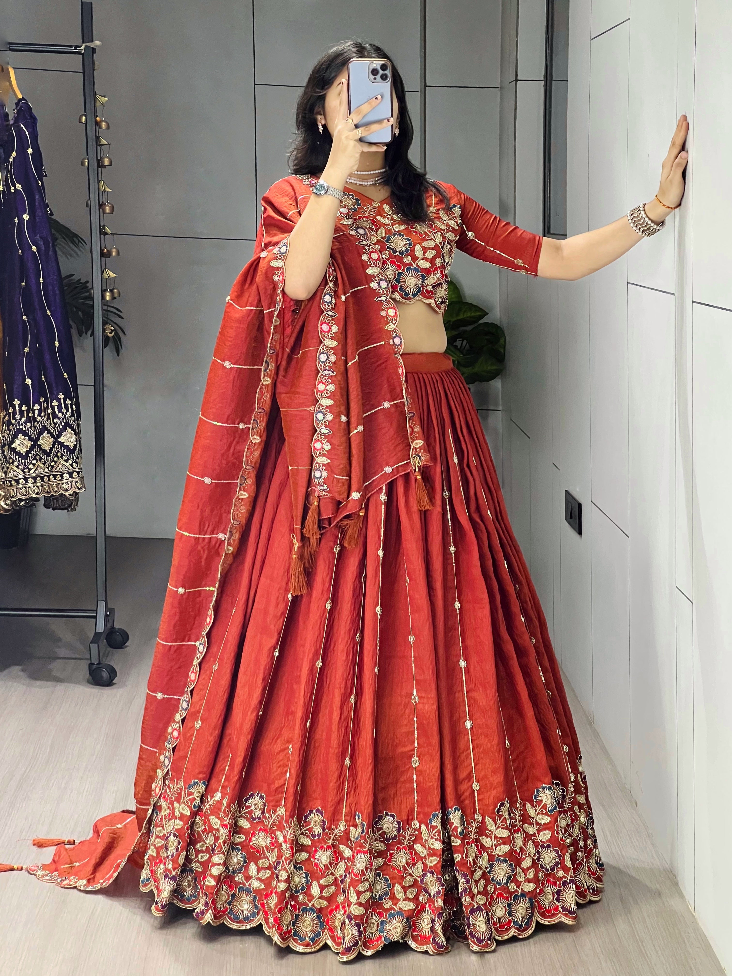 Rust Orange Embroidery Pipe Bead With Traditional Work Lehenga