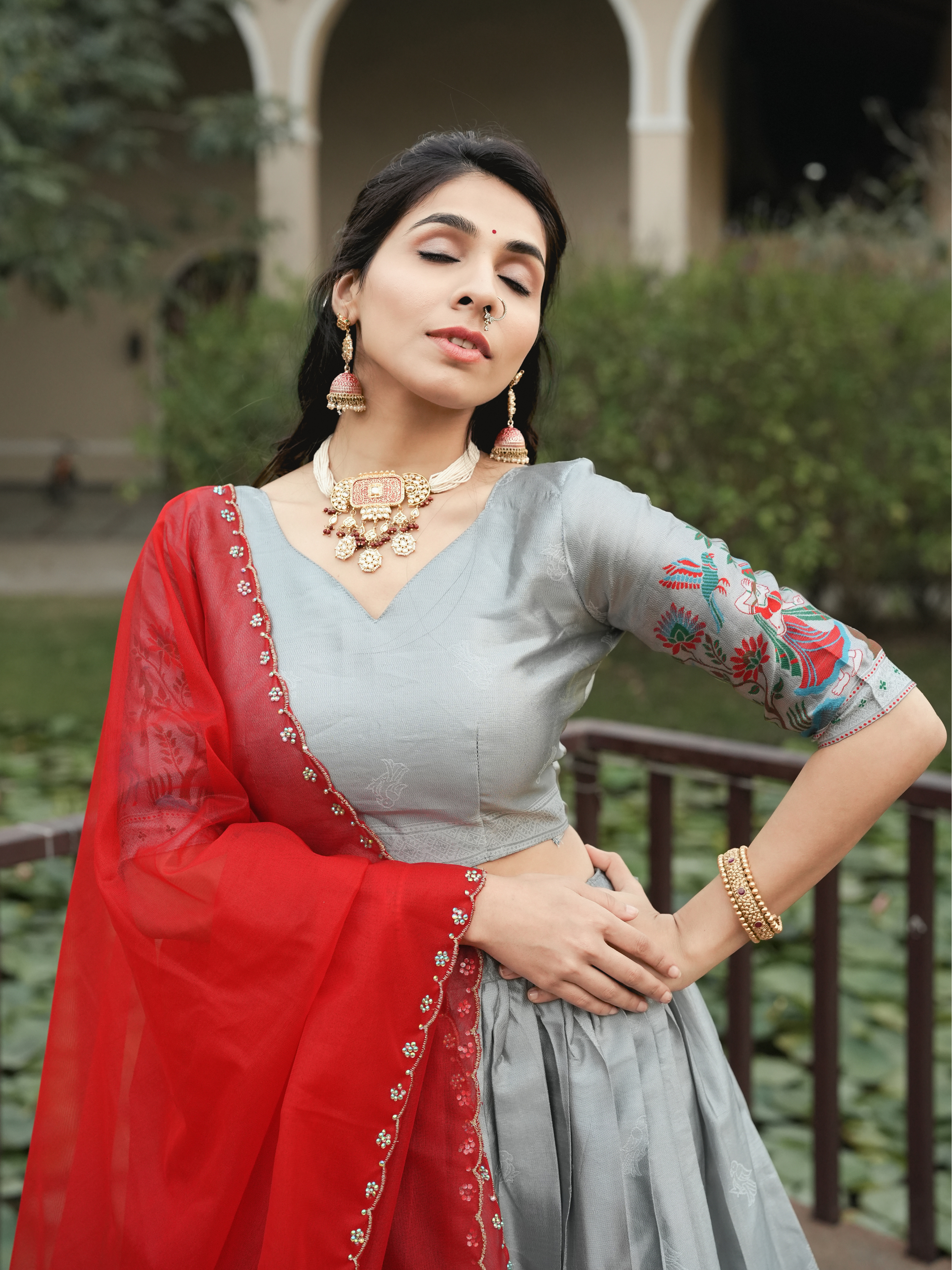 Elegant Silver Silk Traditional Lehenga Set with Contrast Dupatta