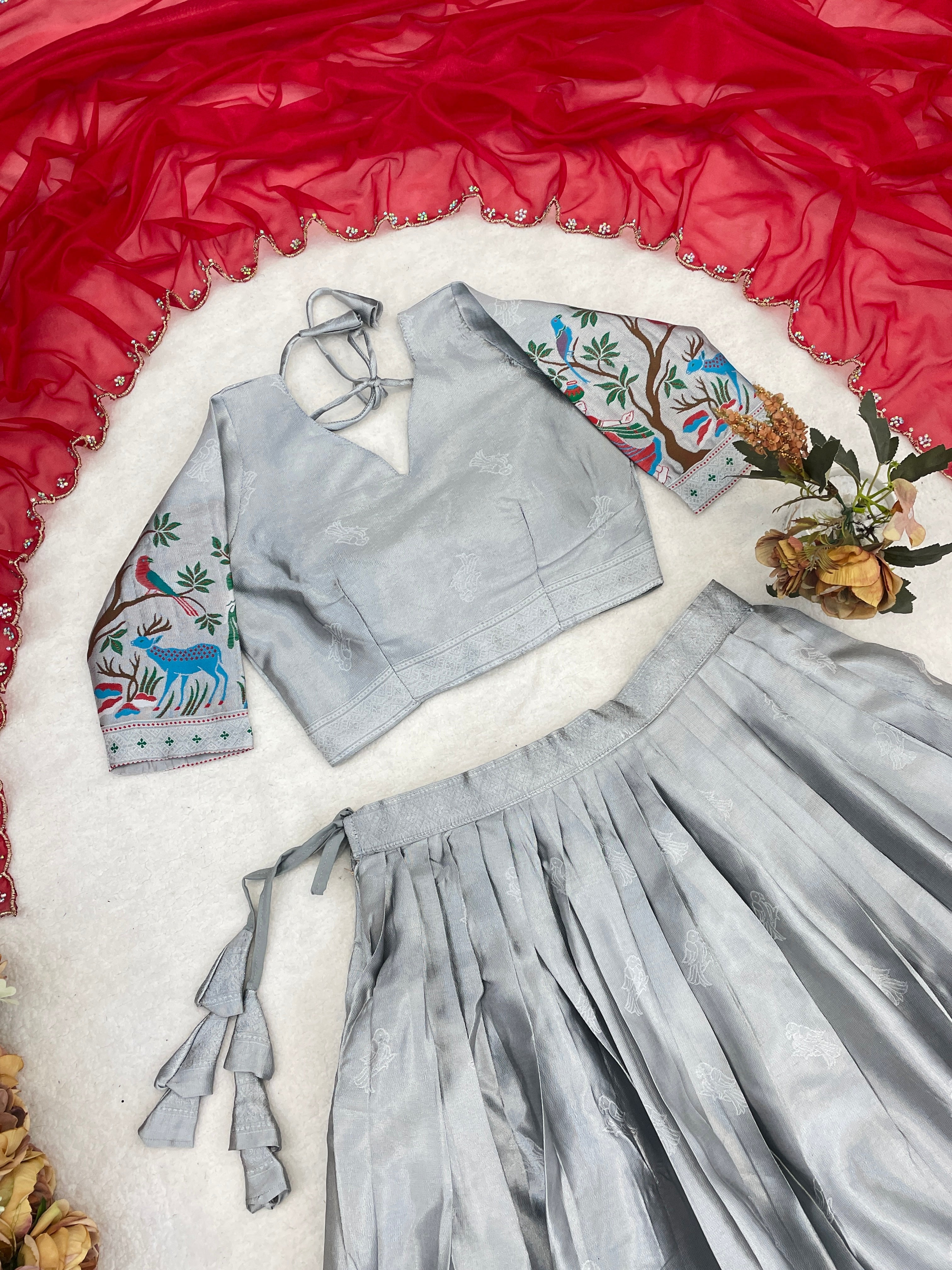 Elegant Silver Silk Traditional Lehenga Set with Contrast Dupatta