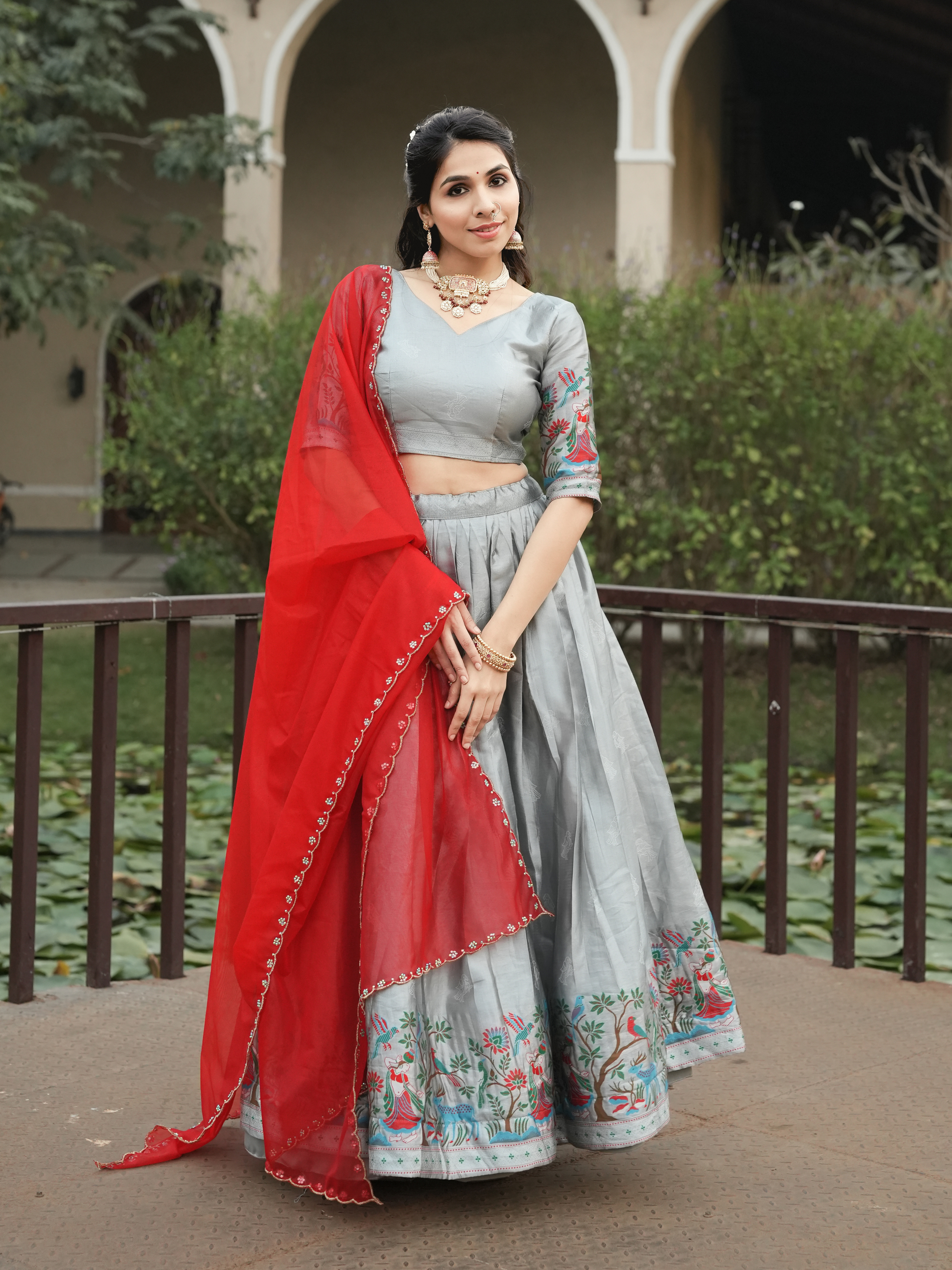 Elegant Silver Silk Traditional Lehenga Set with Contrast Dupatta