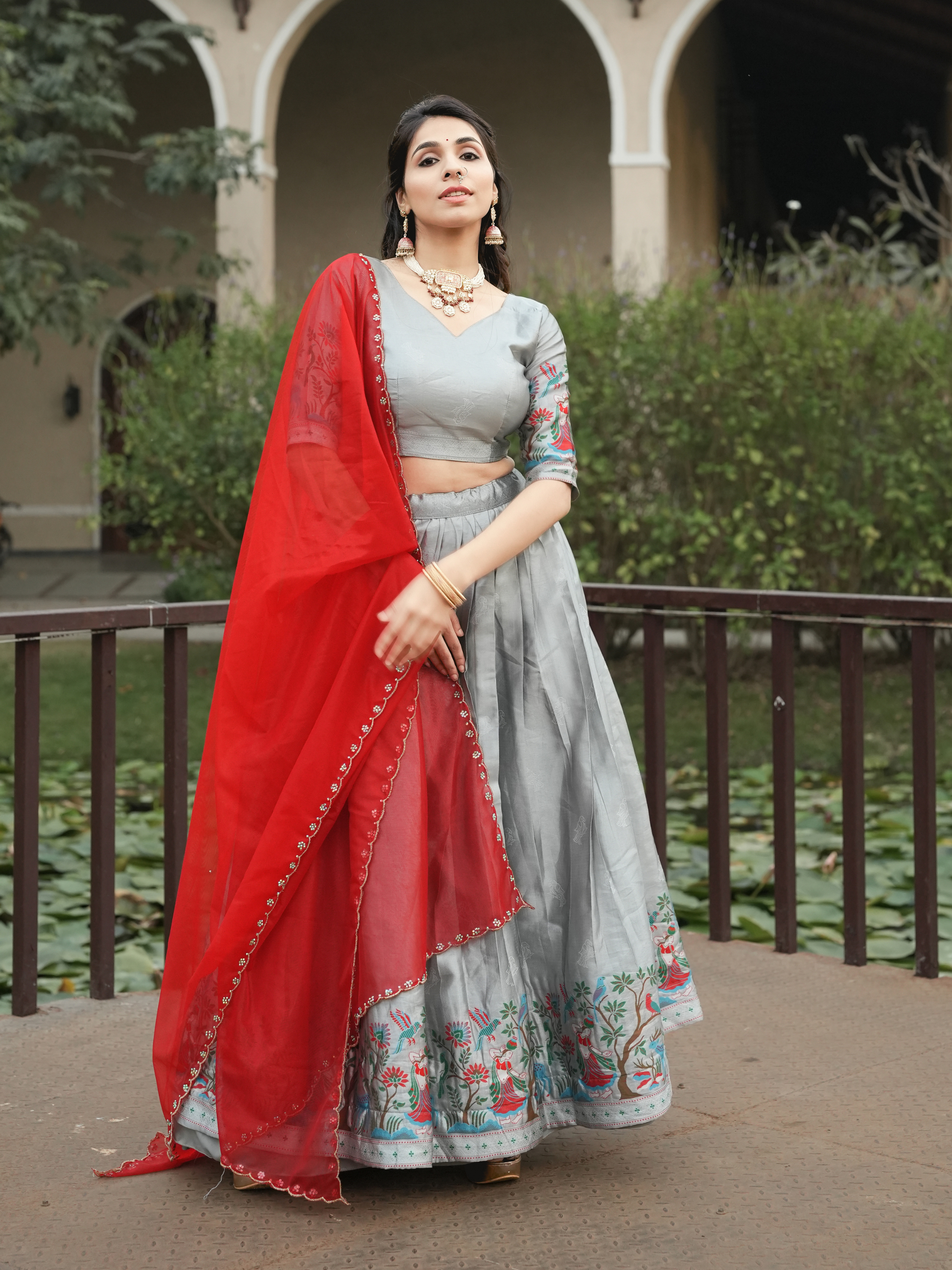 Elegant Silver Silk Traditional Lehenga Set with Contrast Dupatta