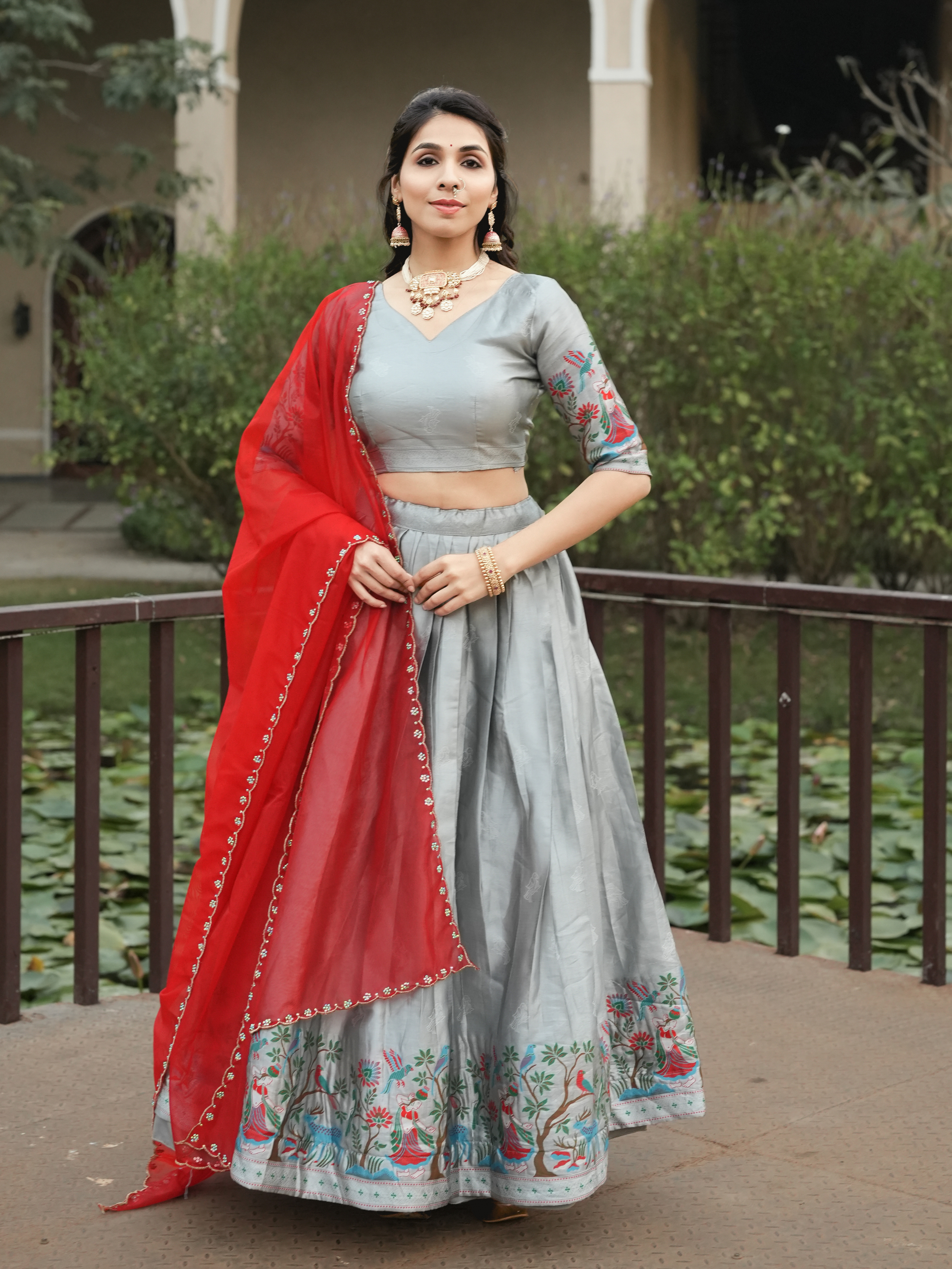 Elegant Silver Silk Traditional Lehenga Set with Contrast Dupatta