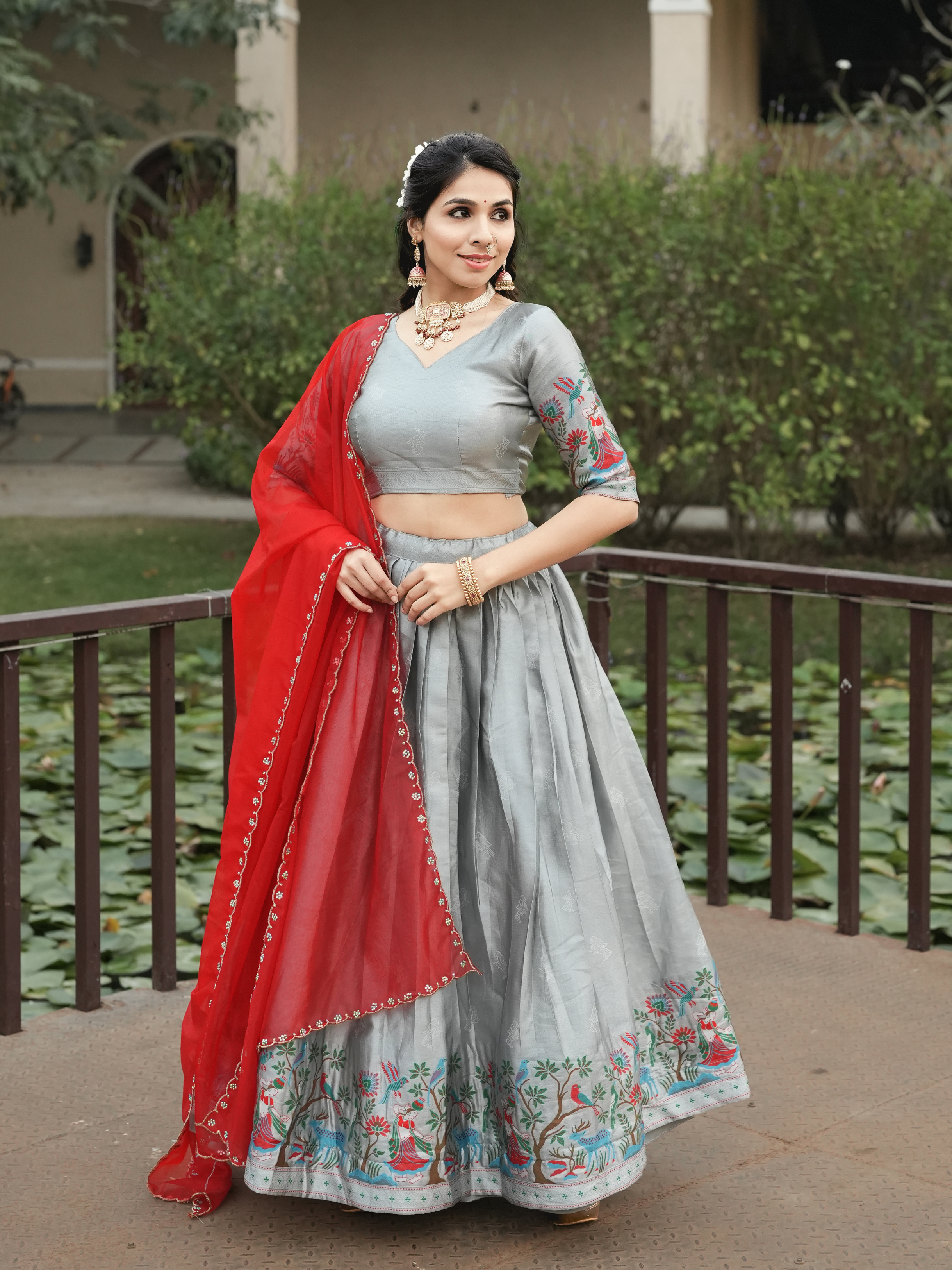 Elegant Silver Silk Traditional Lehenga Set with Contrast Dupatta