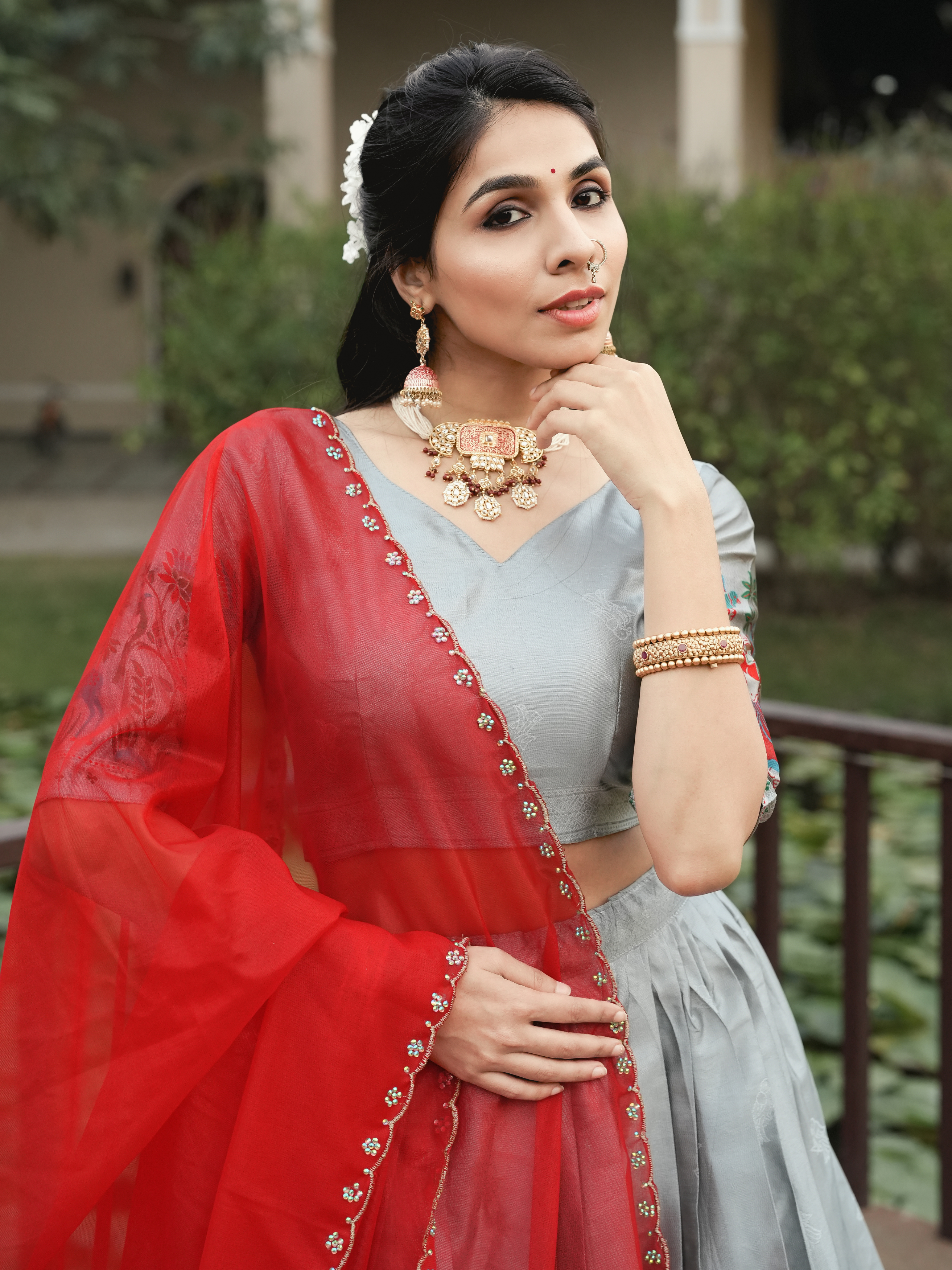 Elegant Silver Silk Traditional Lehenga Set with Contrast Dupatta