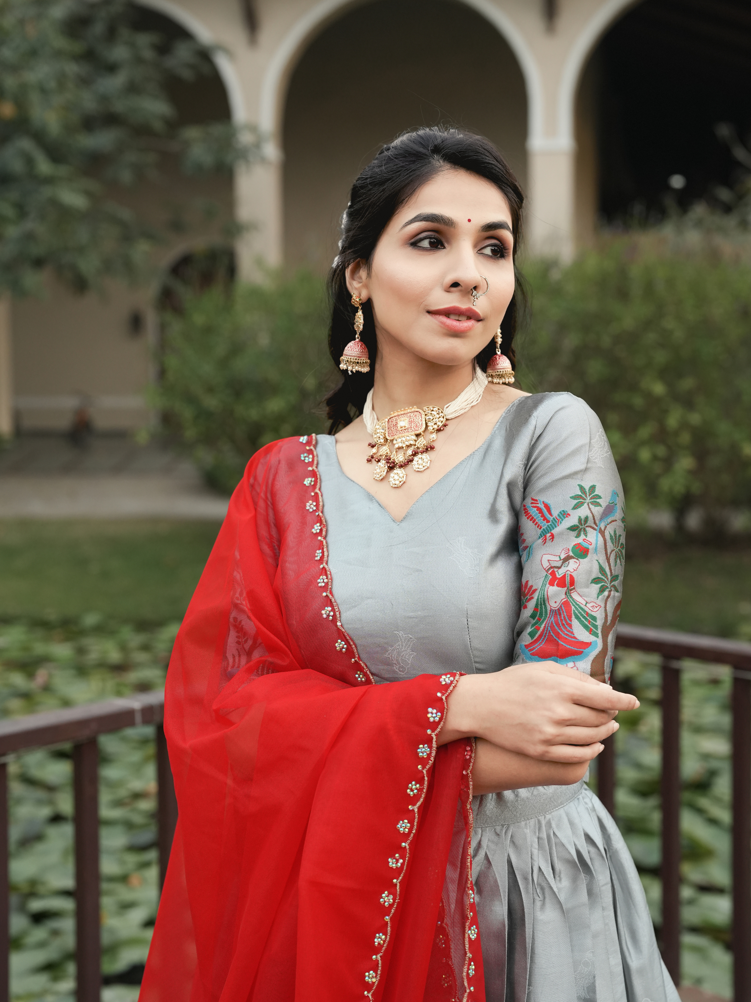 Elegant Silver Silk Traditional Lehenga Set with Contrast Dupatta