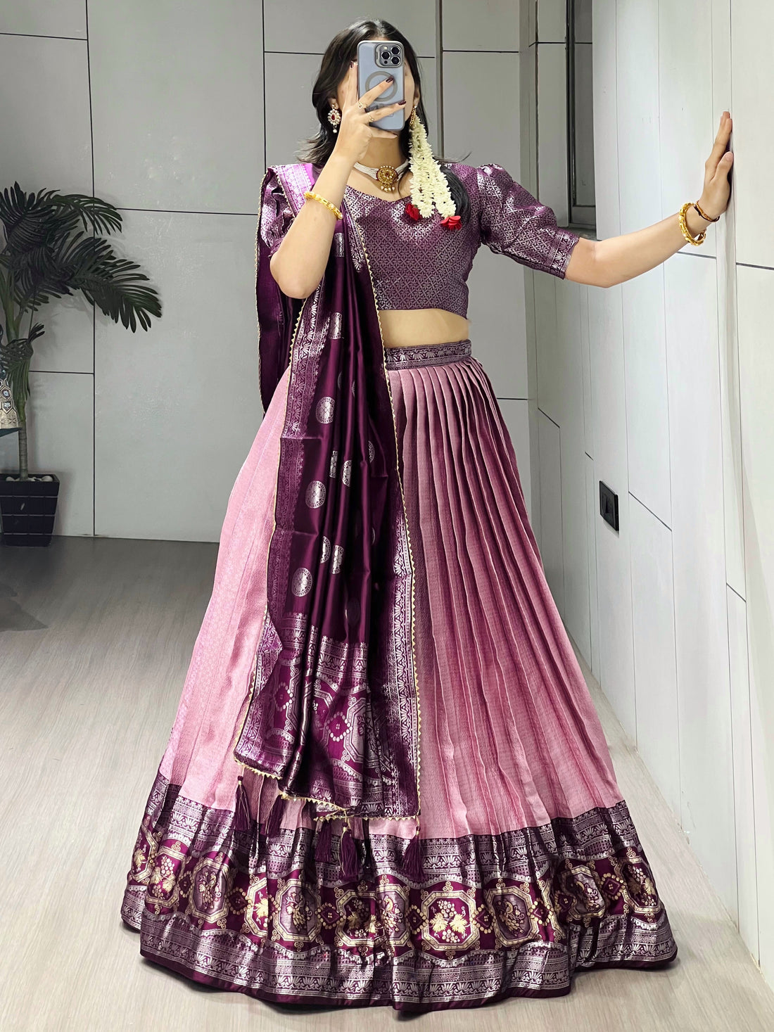 Wine Woven Design lehenga choli With Dupatta