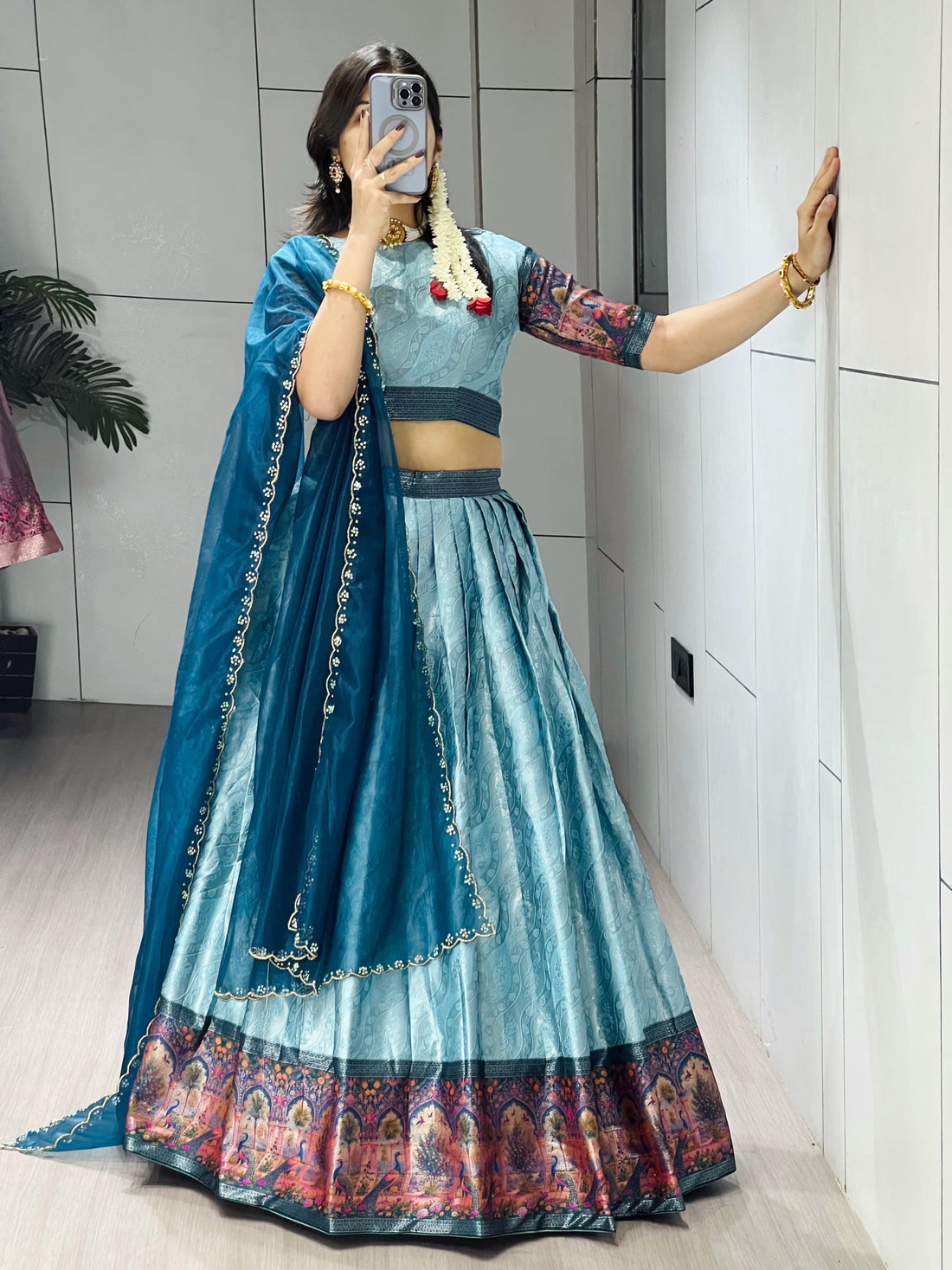 Elegant Peacock Border Sky Silk Lehenga Choli Set