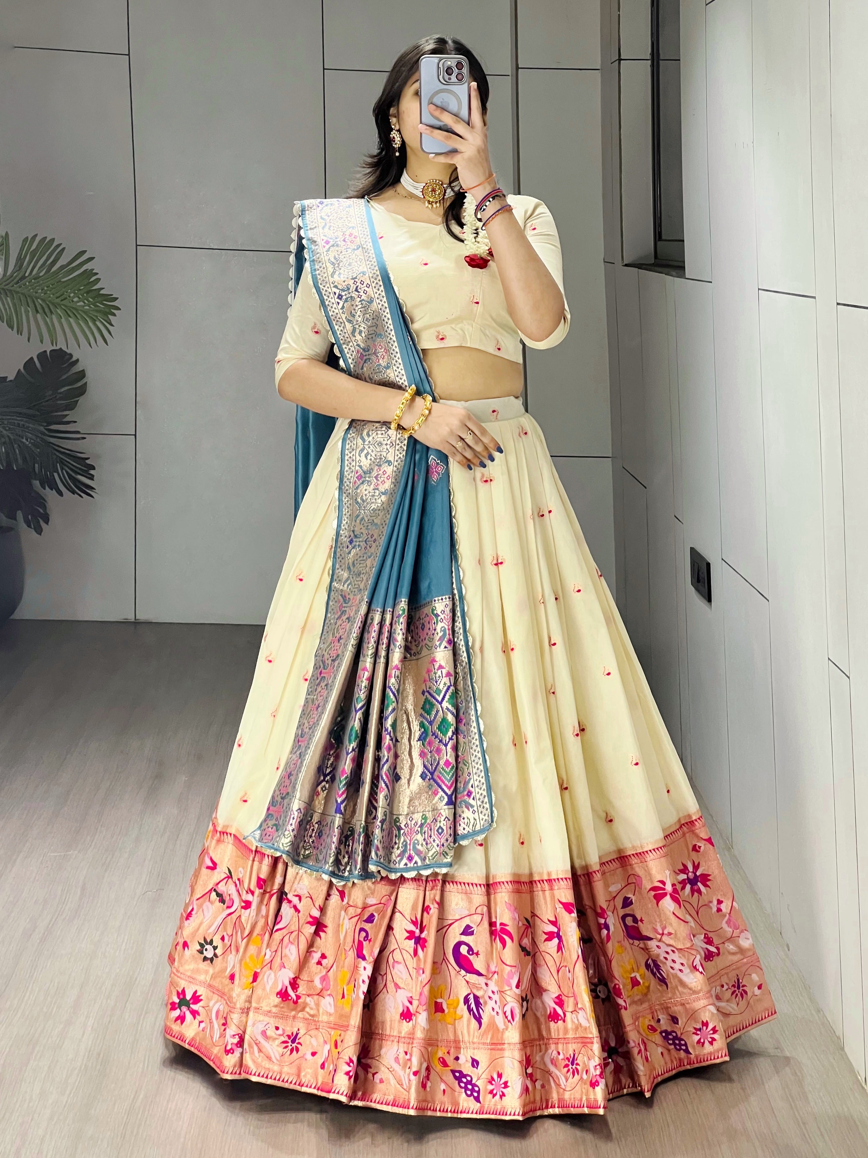 Elegant Cream Paithani Silk Lehenga Set with Dupatta
