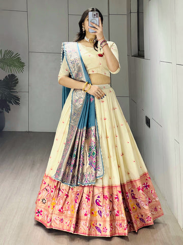 Elegant Cream Paithani Silk Lehenga Set with Dupatta