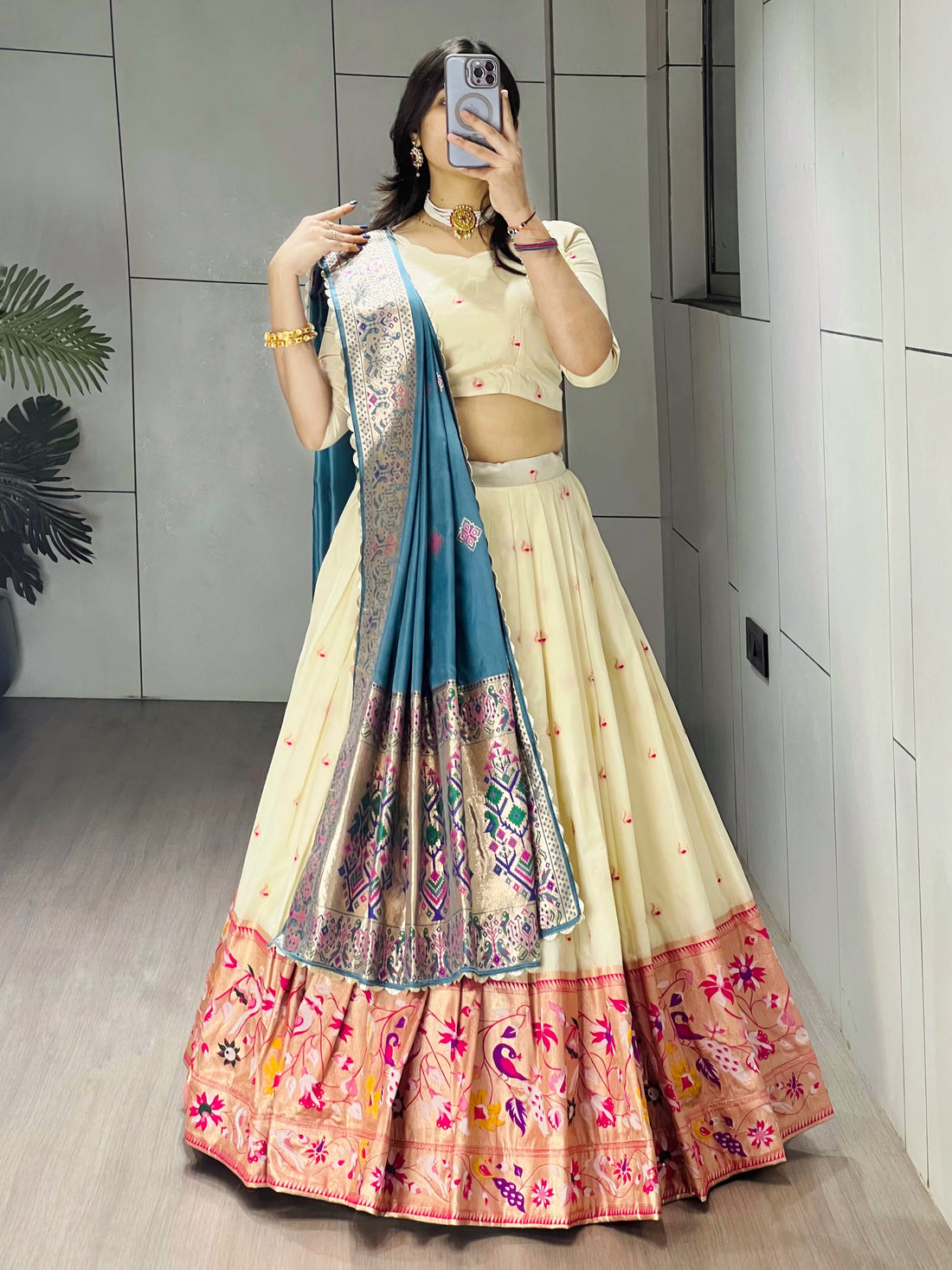 Elegant Cream Paithani Silk Lehenga Set with Dupatta