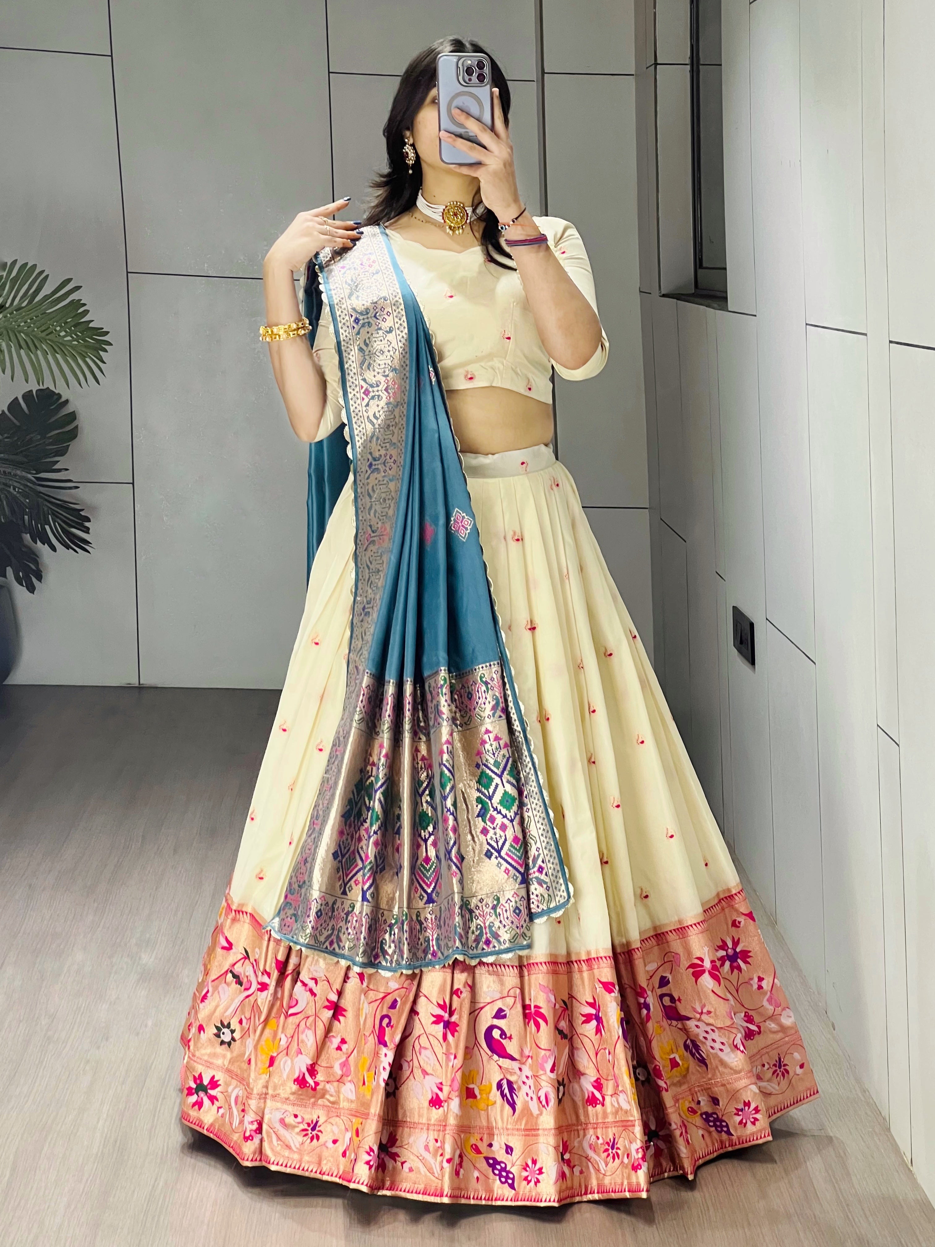 Elegant Cream Paithani Silk Lehenga Set with Dupatta