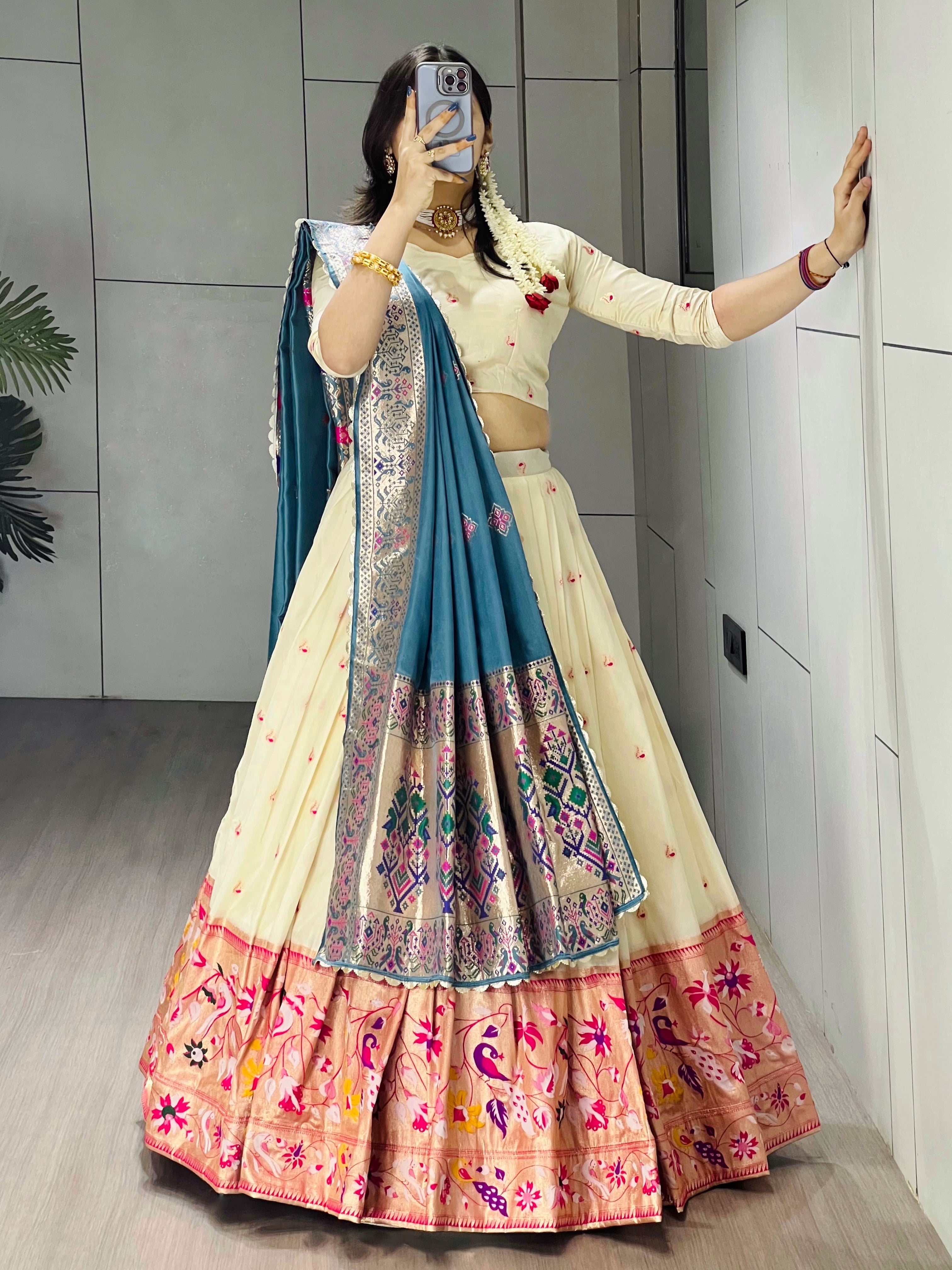 Elegant Cream Paithani Silk Lehenga Set with Dupatta