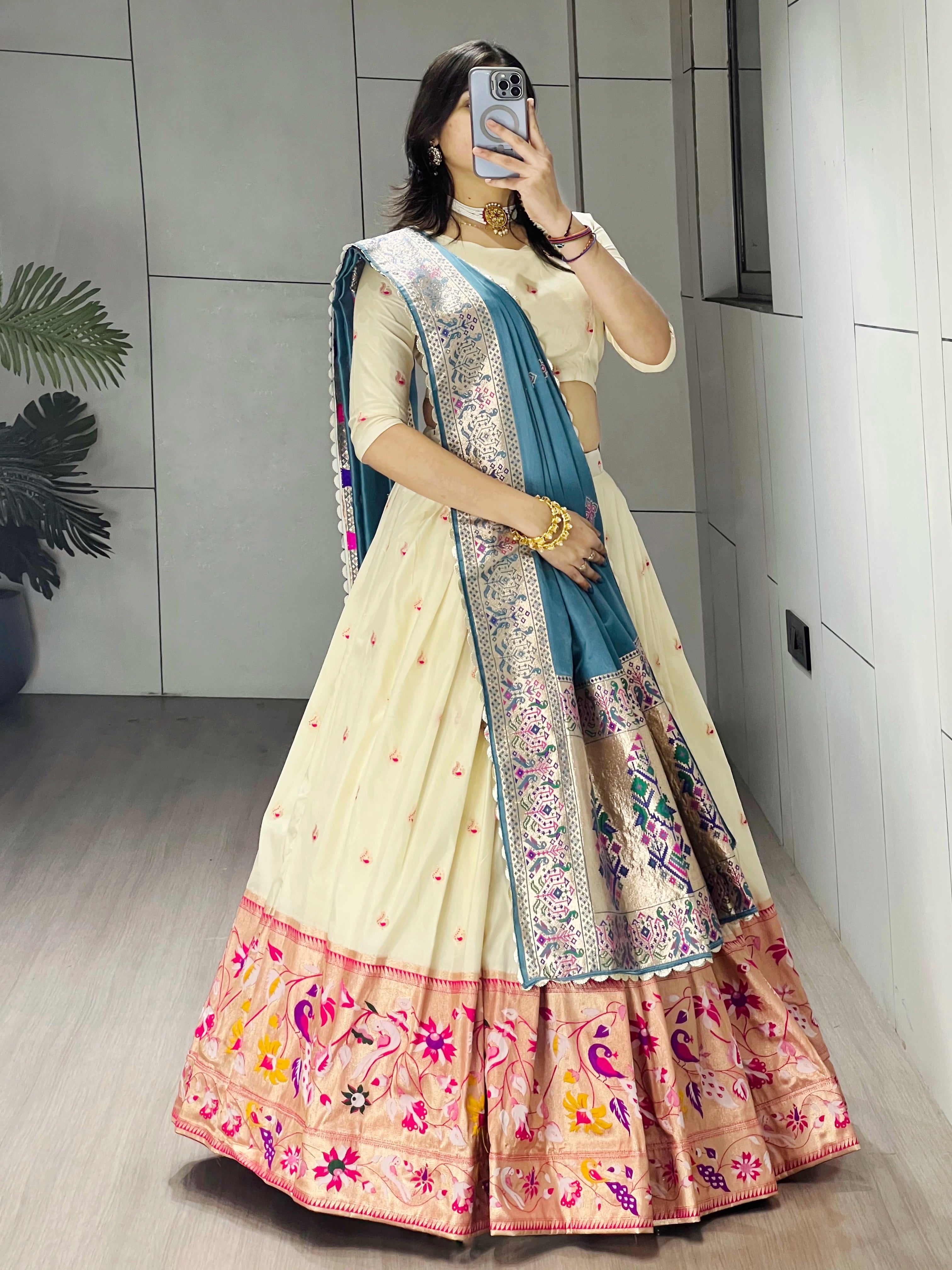 Elegant Cream Paithani Silk Lehenga Set with Dupatta