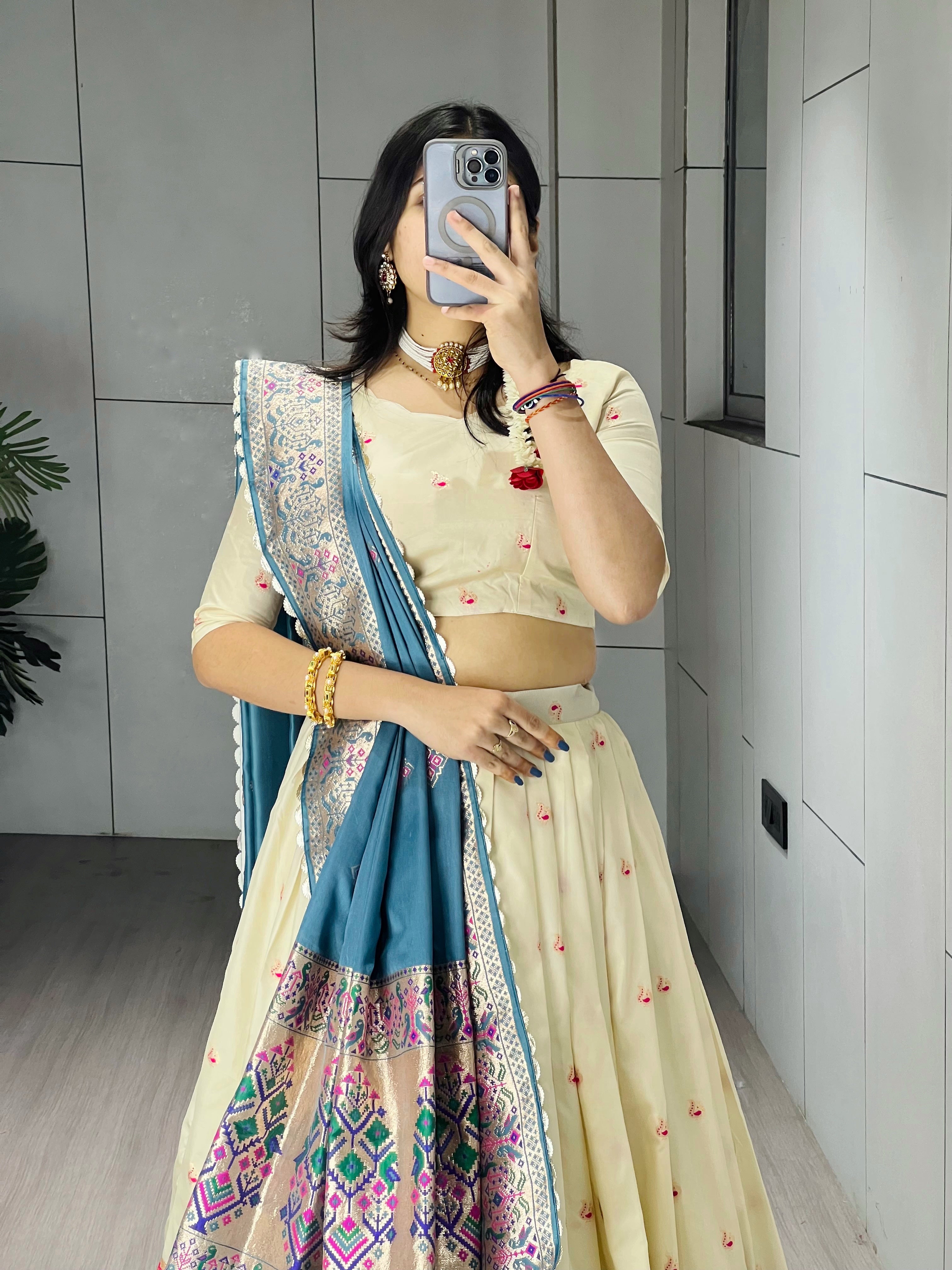 Elegant Cream Paithani Silk Lehenga Set with Dupatta