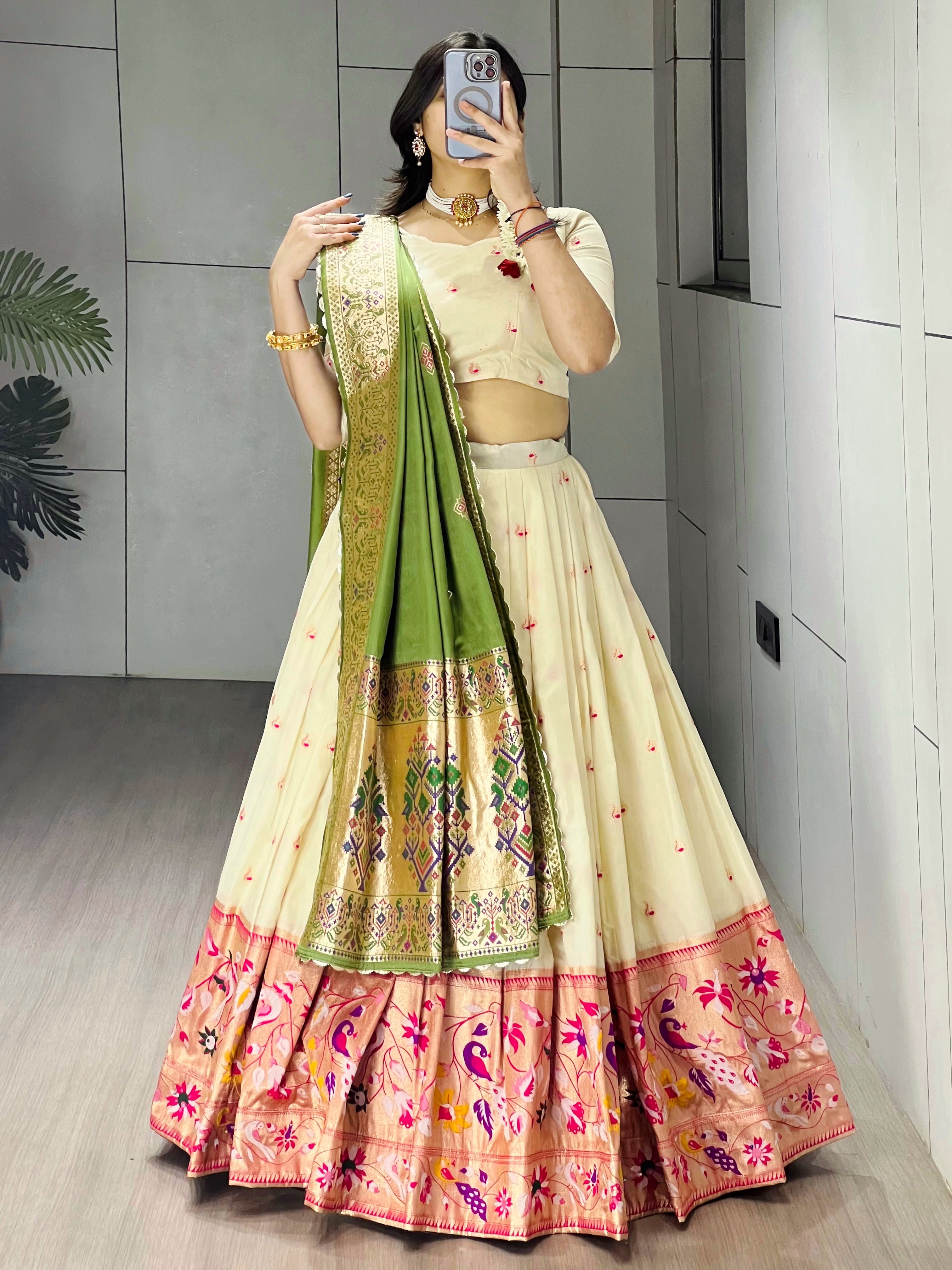 Elegant Cream Paithani Silk Lehenga Set with Dupatta