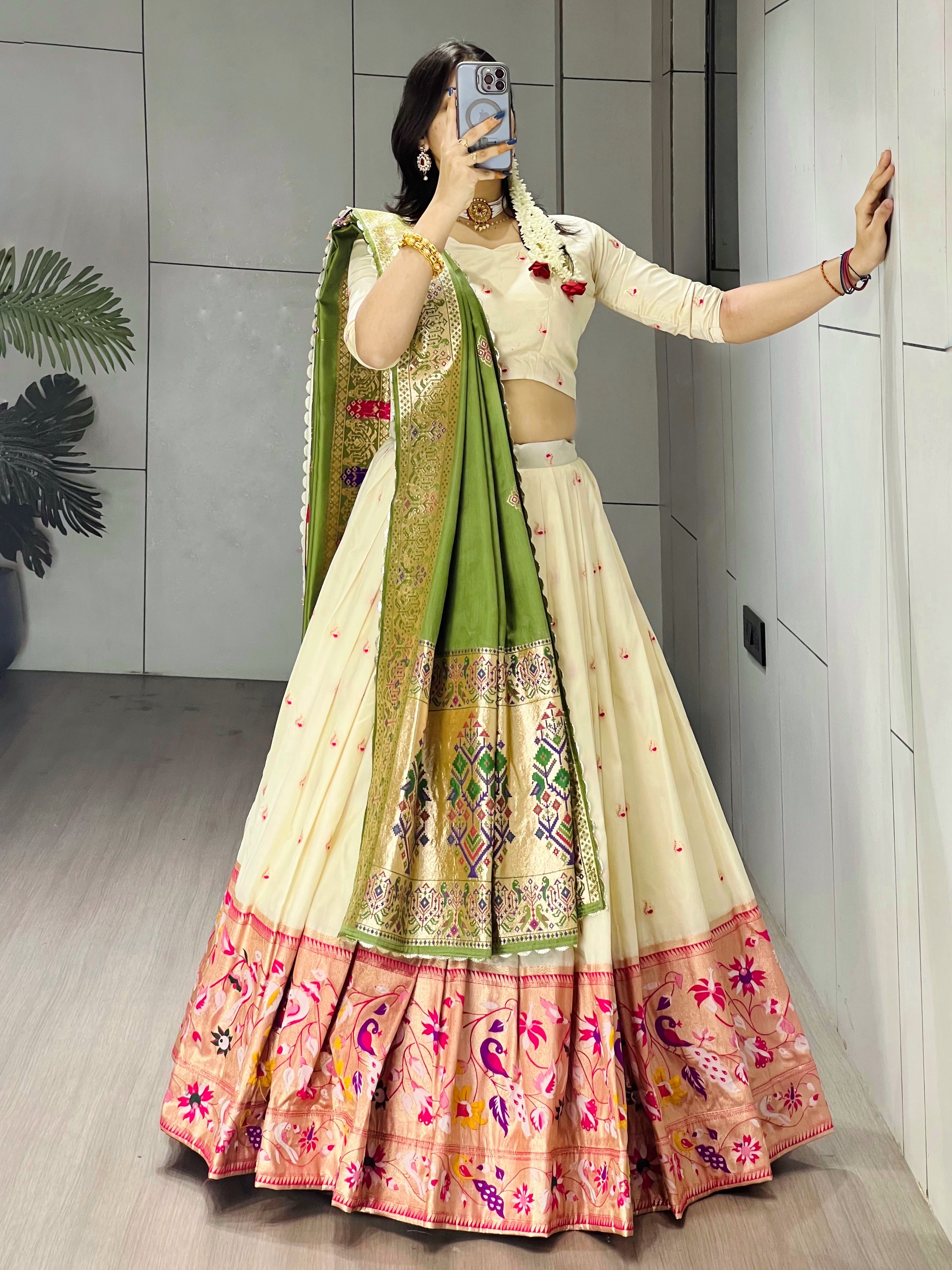 Elegant Cream Paithani Silk Lehenga Set with Dupatta