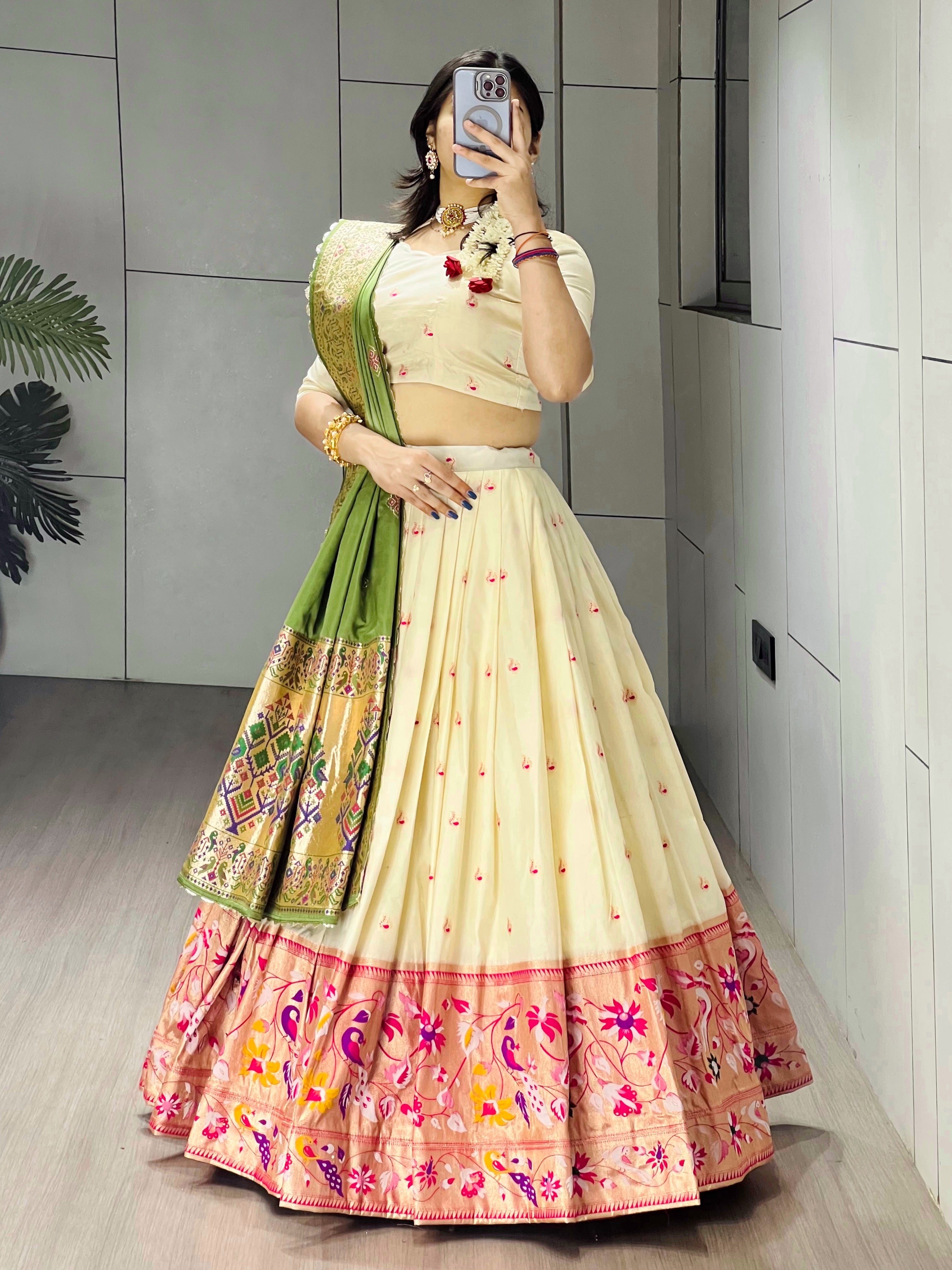 Elegant Cream Paithani Silk Lehenga Set with Dupatta