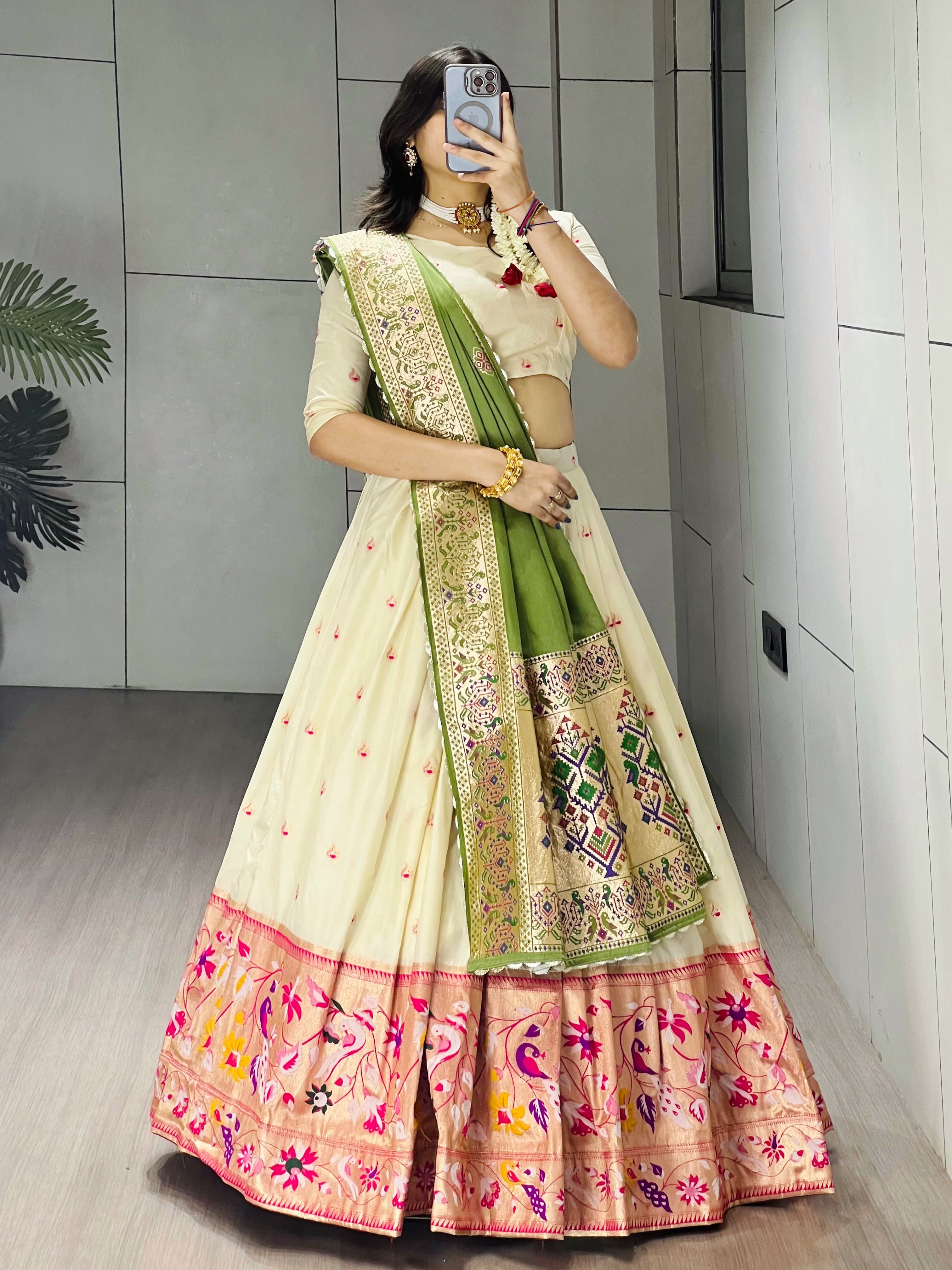 Elegant Cream Paithani Silk Lehenga Set with Dupatta