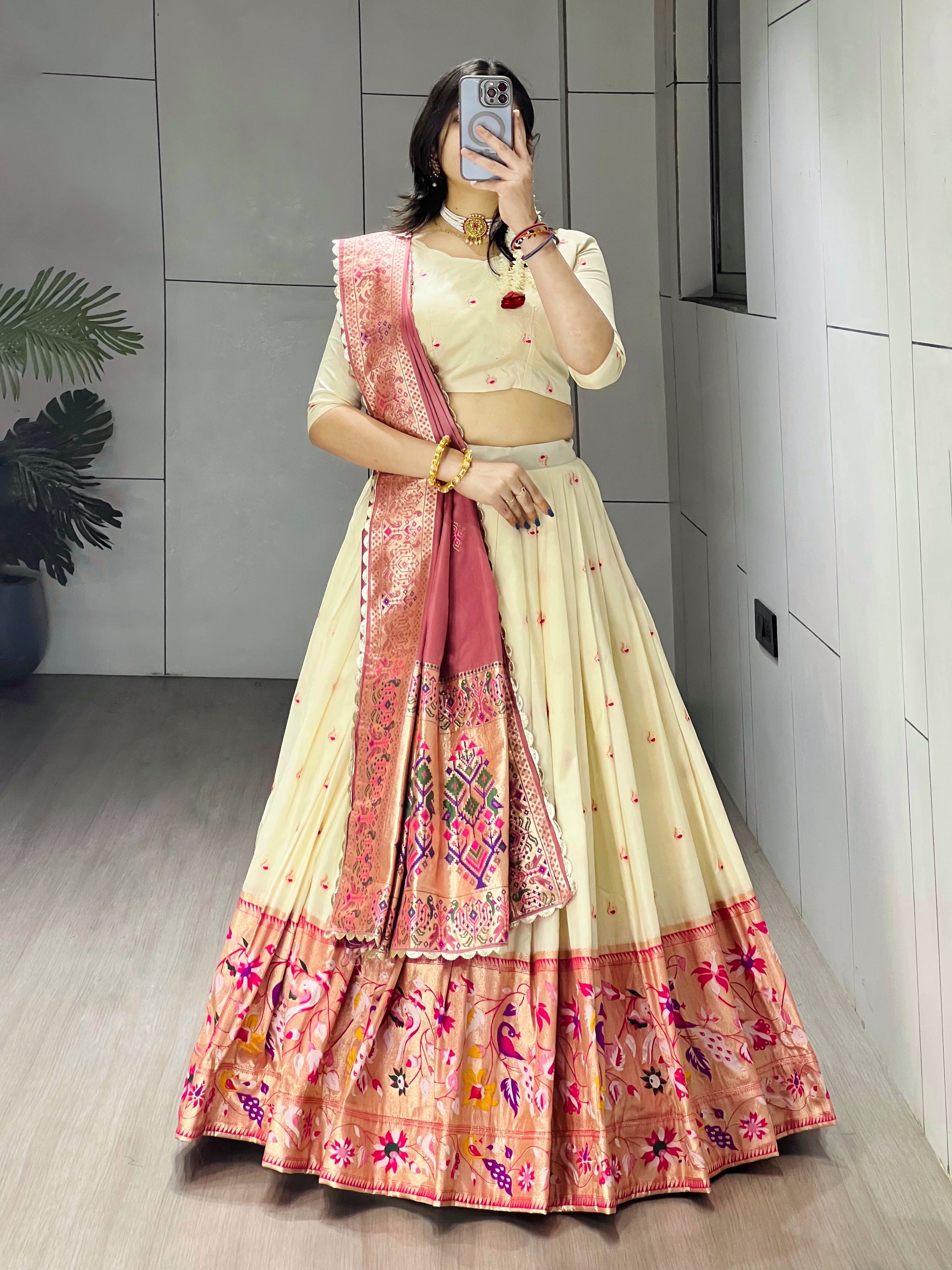 Elegant Cream Paithani Silk Lehenga Set with Dupatta