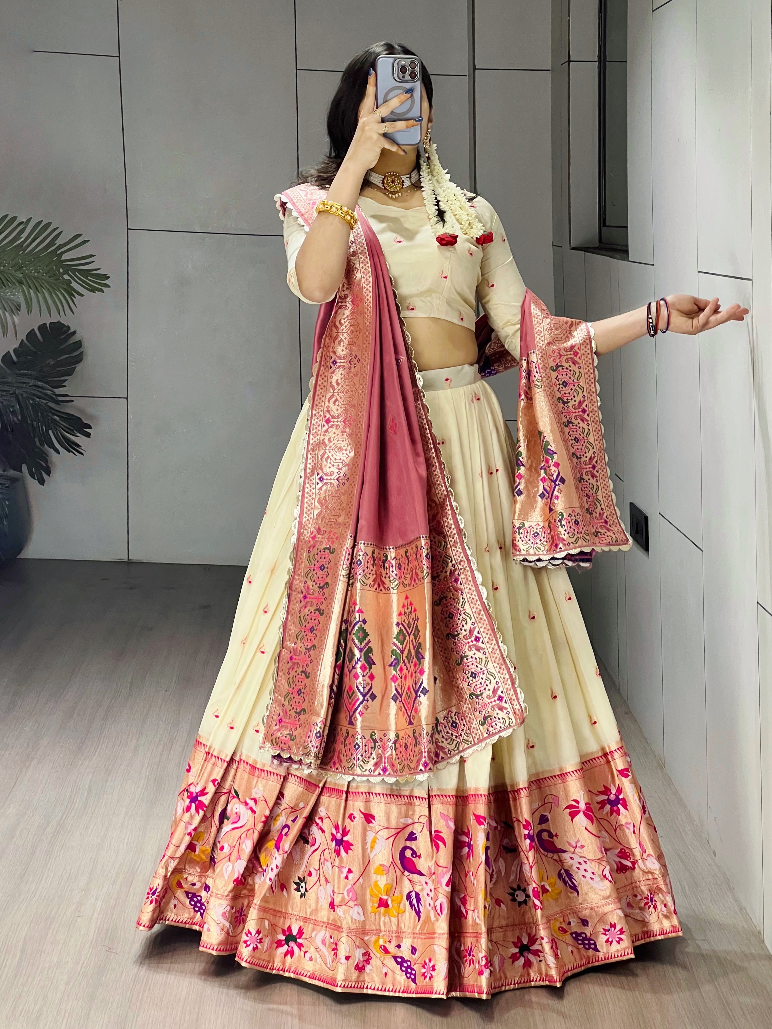 Elegant Cream Paithani Silk Lehenga Set with Dupatta