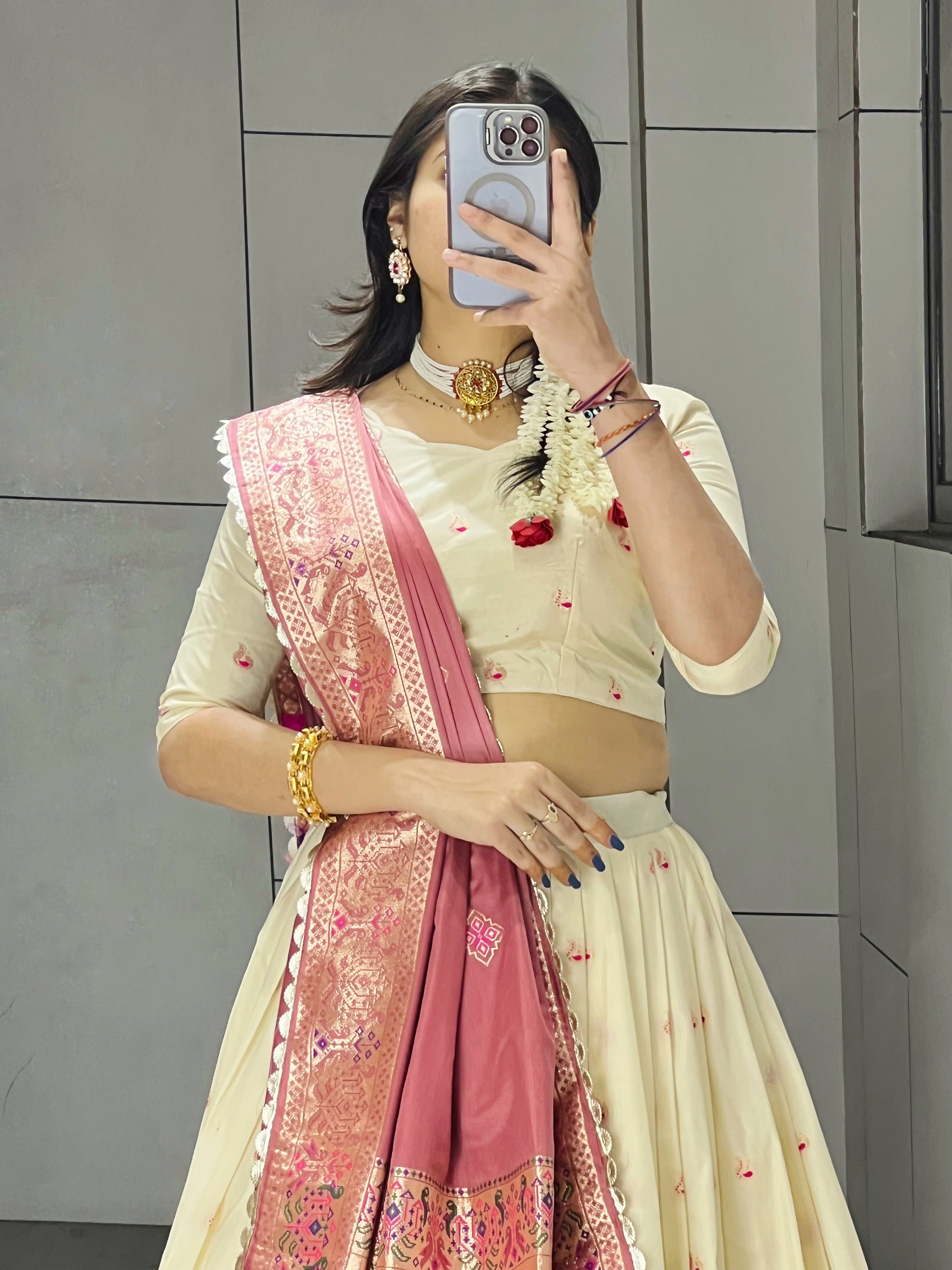 Elegant Cream Paithani Silk Lehenga Set with Dupatta
