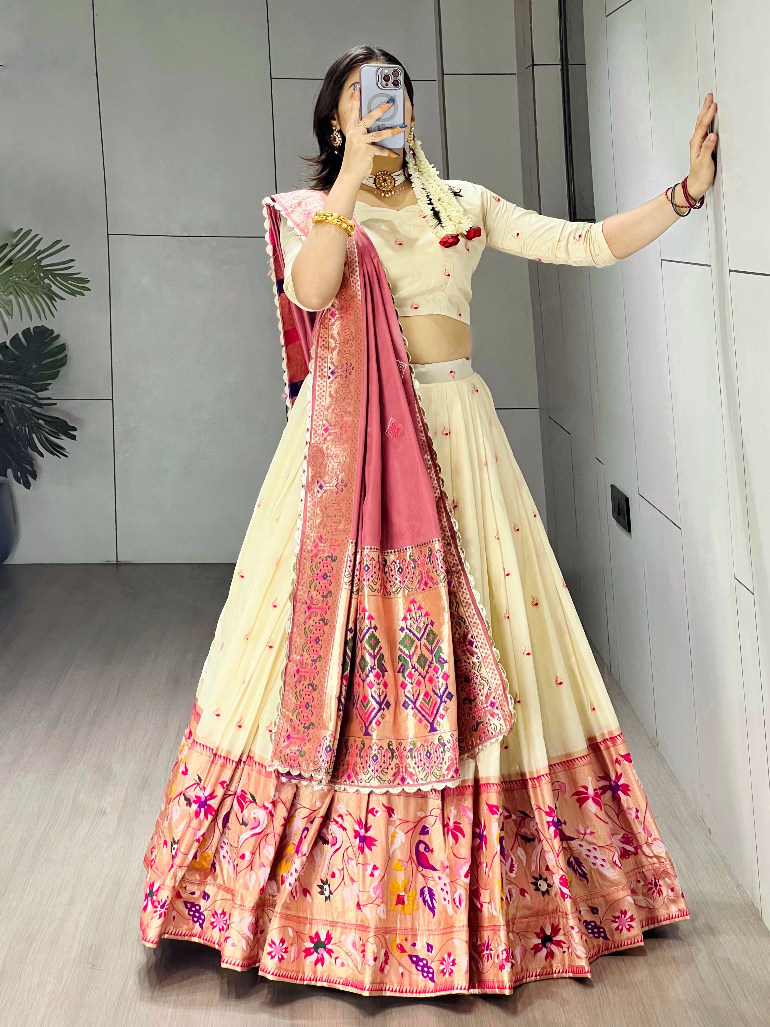 Elegant Cream Paithani Silk Lehenga Set with Dupatta