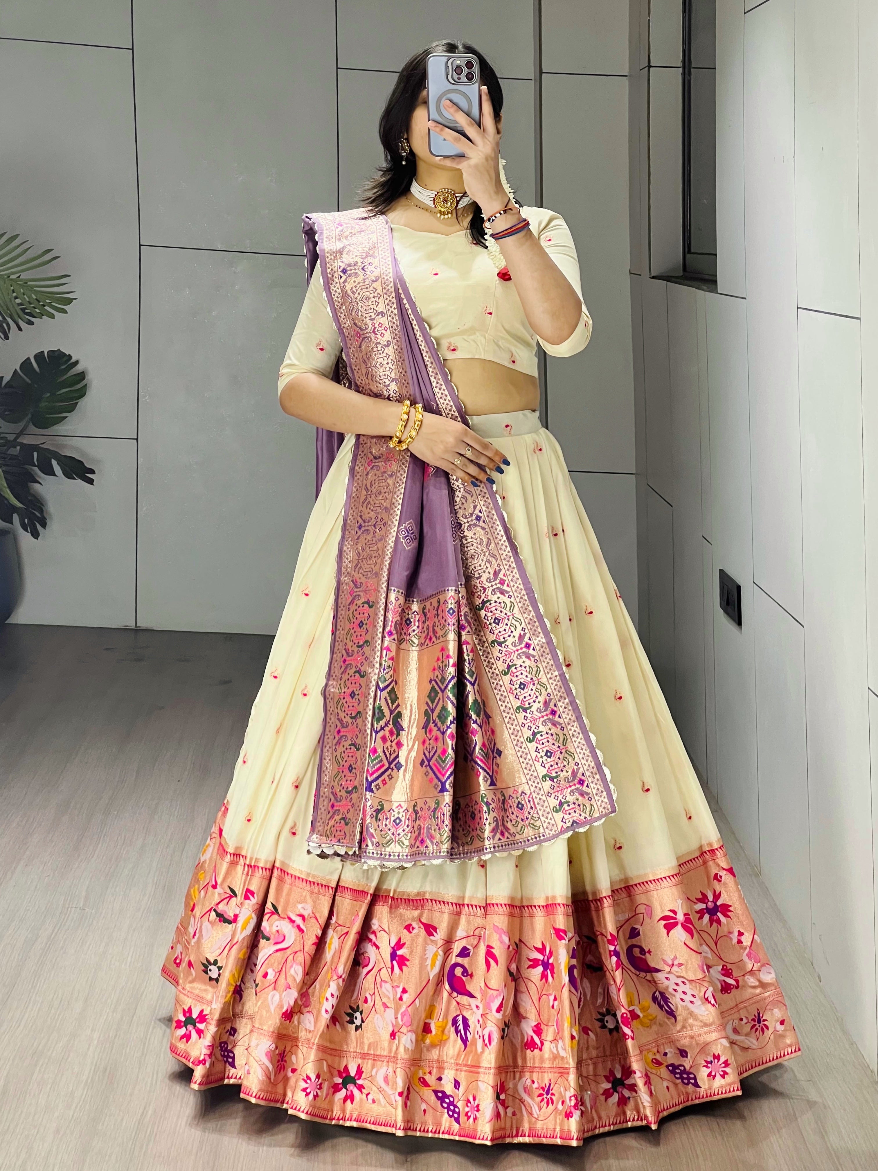 Elegant Cream Paithani Silk Lehenga Set with Dupatta