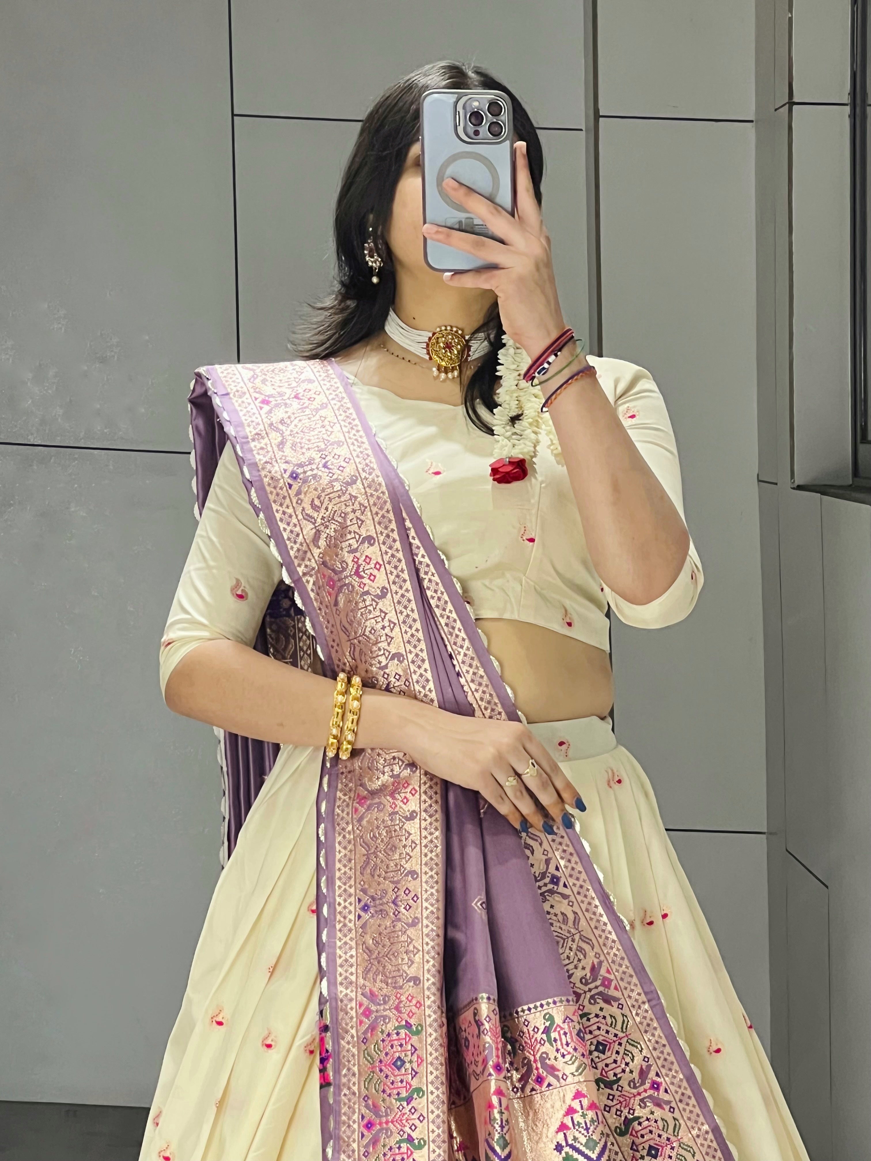 Elegant Cream Paithani Silk Lehenga Set with Dupatta